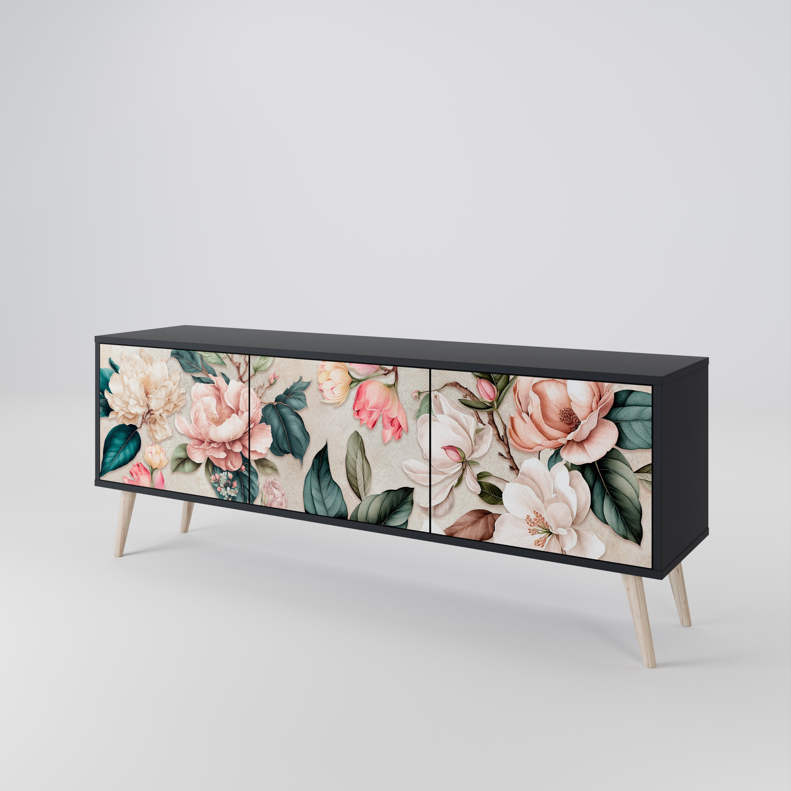 Meuble TV 3 portes FLORAL GRACE finition noire
