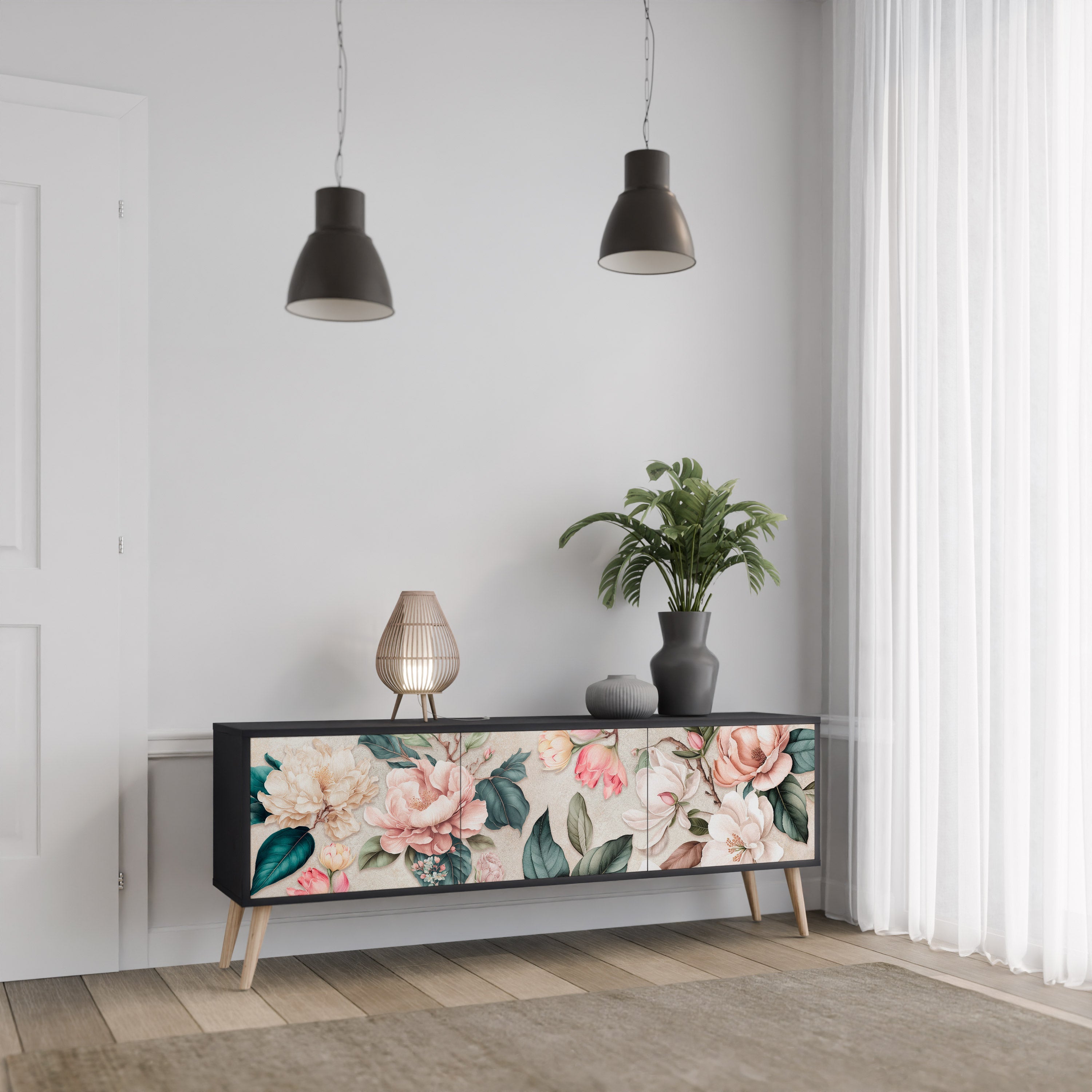 Meuble TV 3 portes FLORAL GRACE finition noire