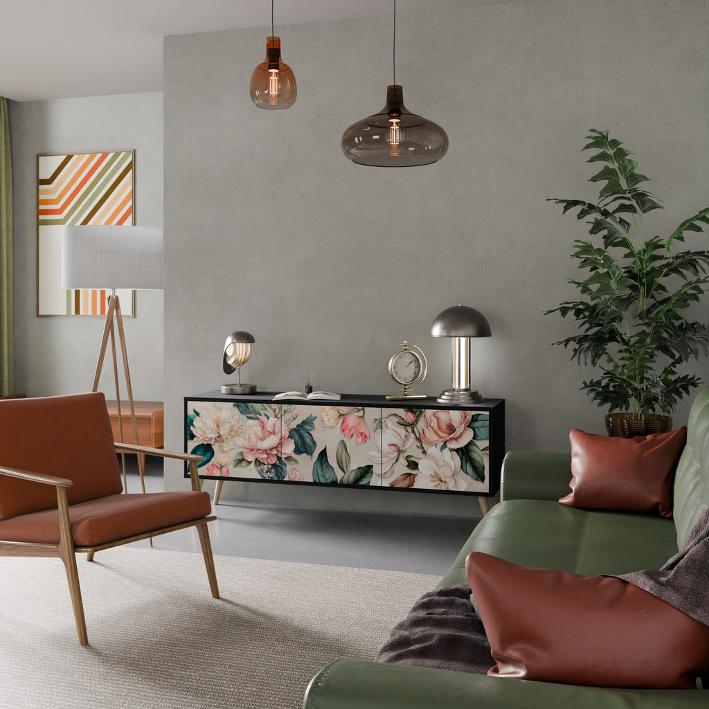 Meuble TV 3 portes FLORAL GRACE finition noire