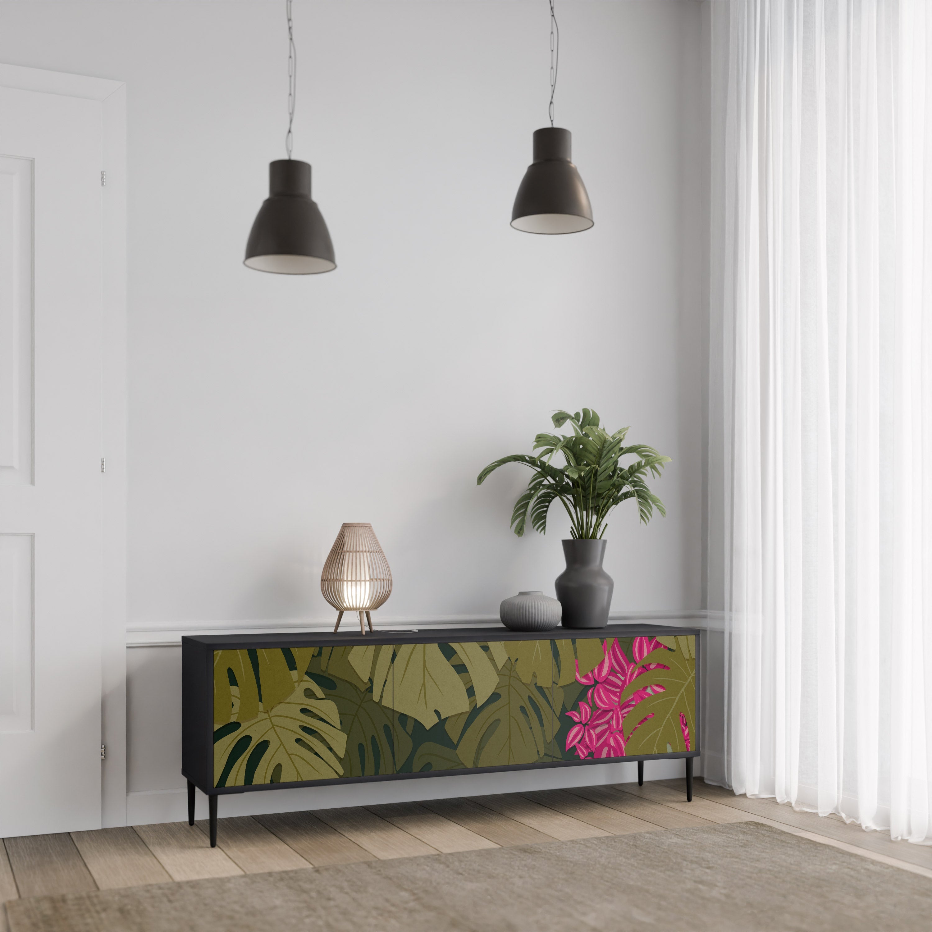 Meuble TV 3 portes TROPICAL BEAUTY en finition noire