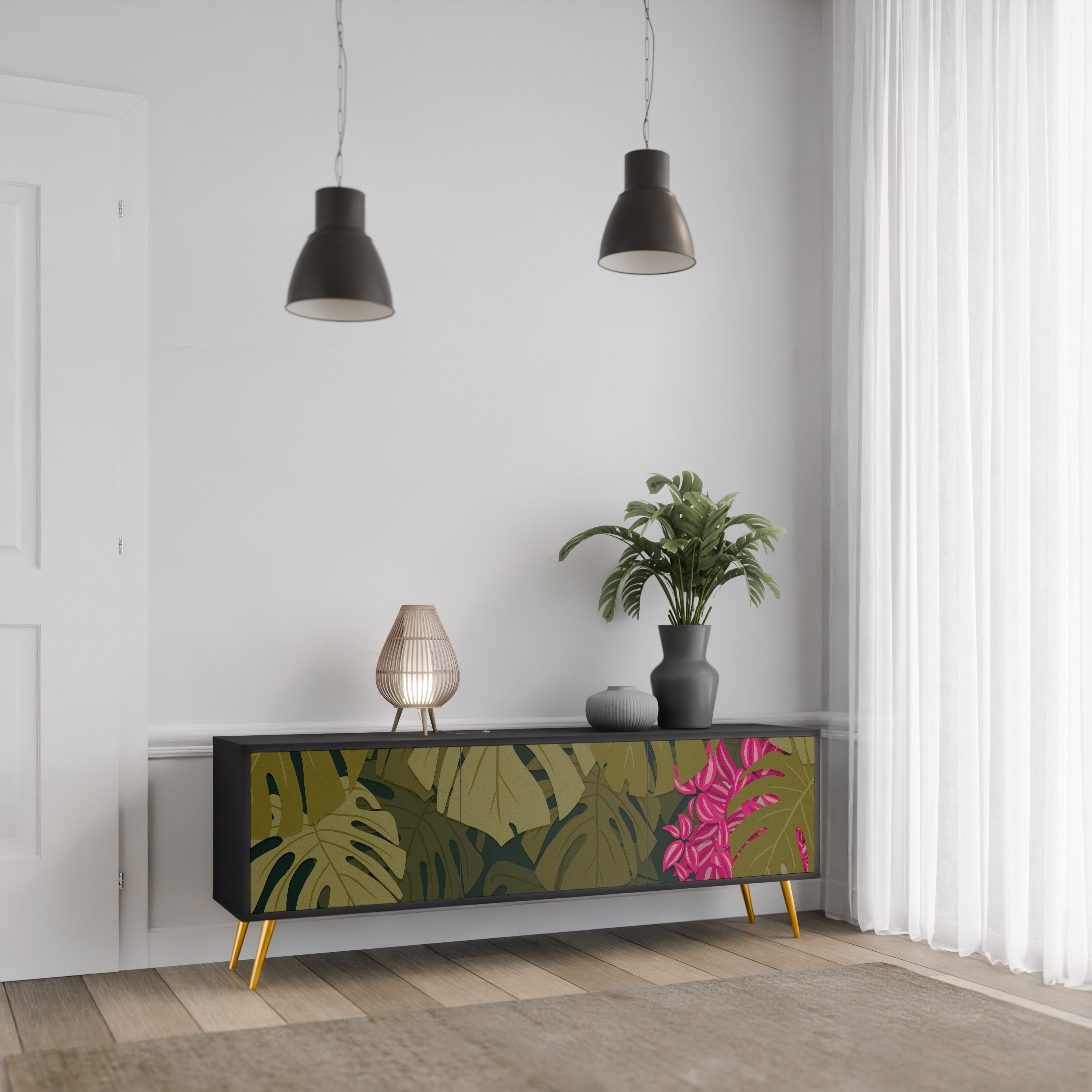 Meuble TV 3 portes TROPICAL BEAUTY en finition noire