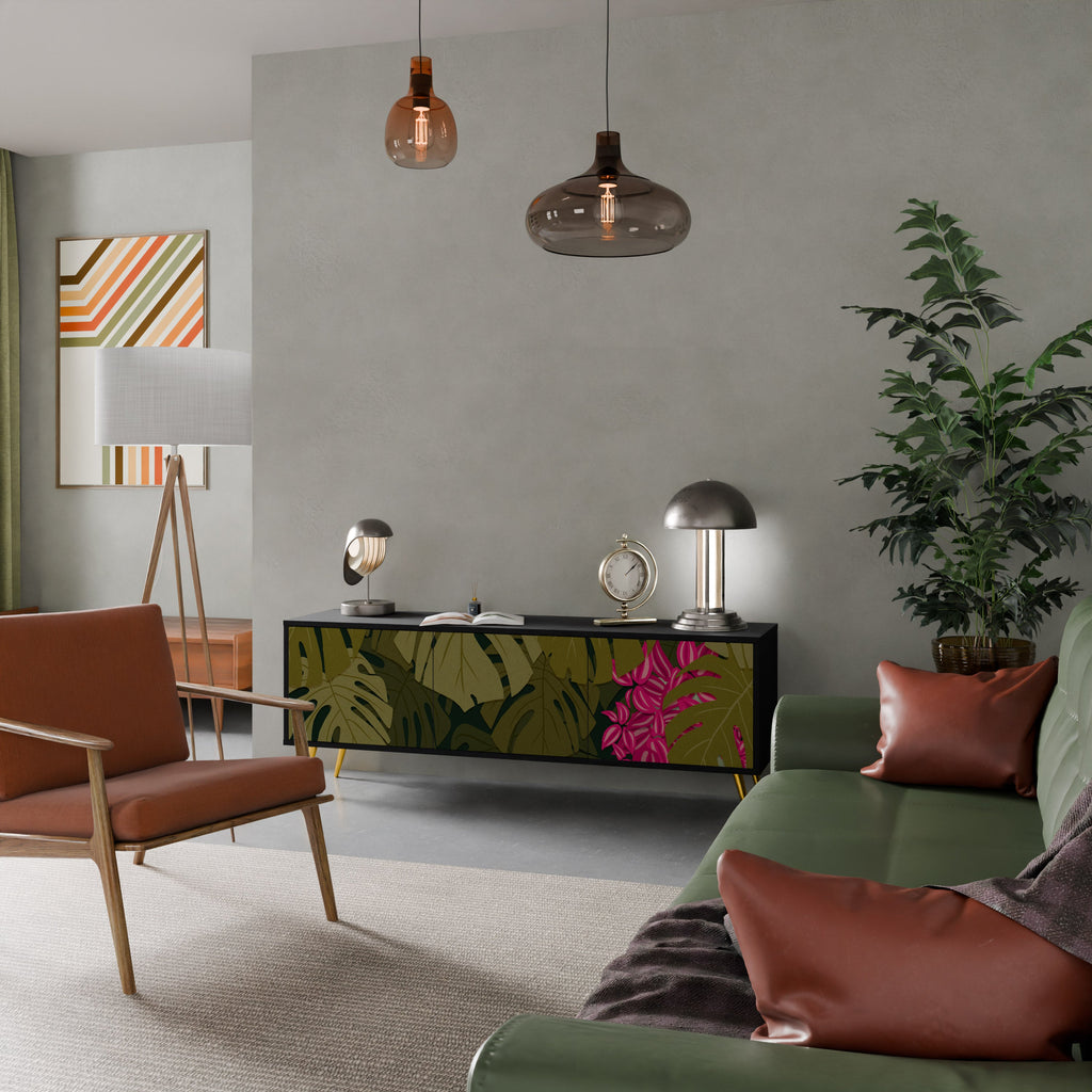 Meuble TV 3 portes TROPICAL BEAUTY en finition noire