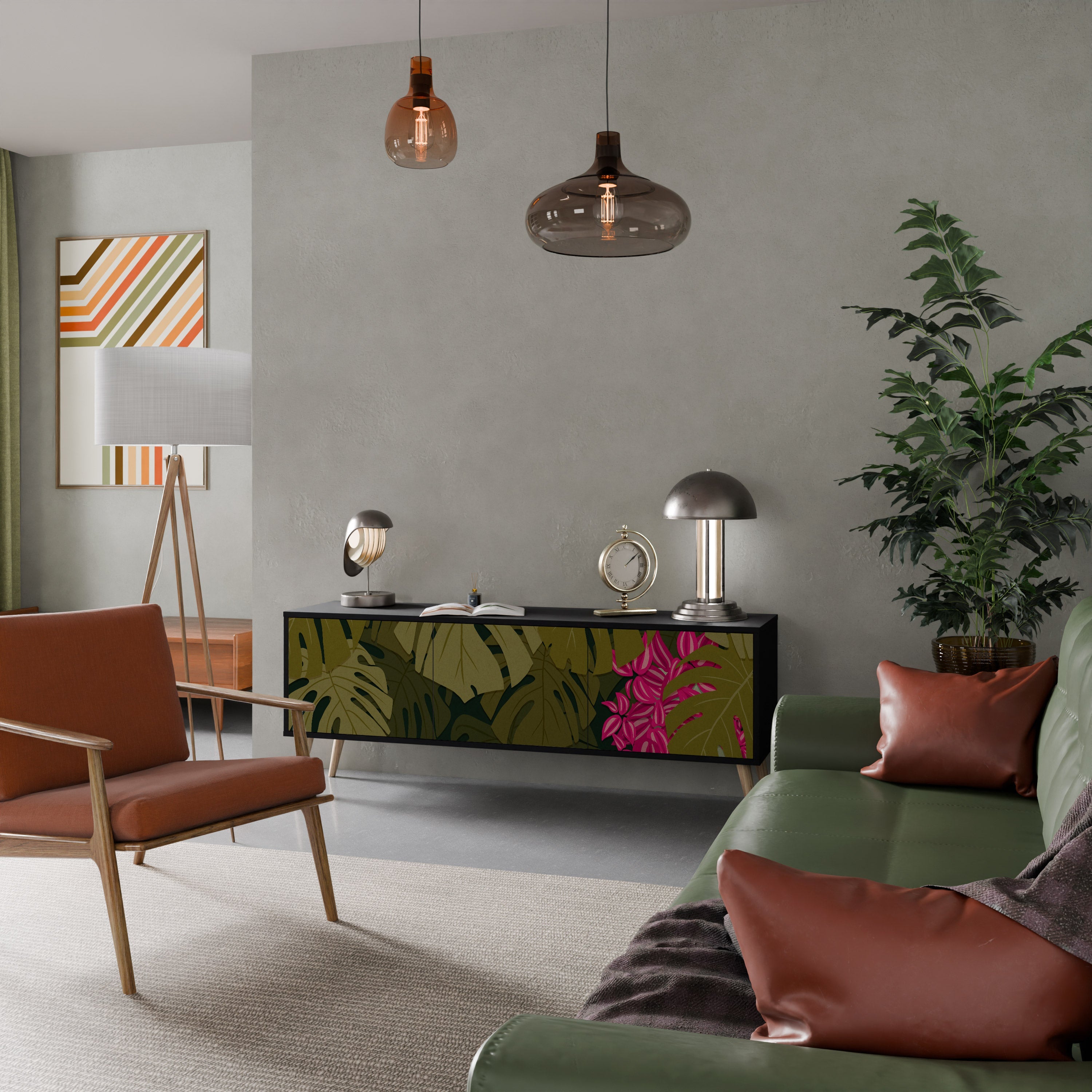 Meuble TV 3 portes TROPICAL BEAUTY en finition noire