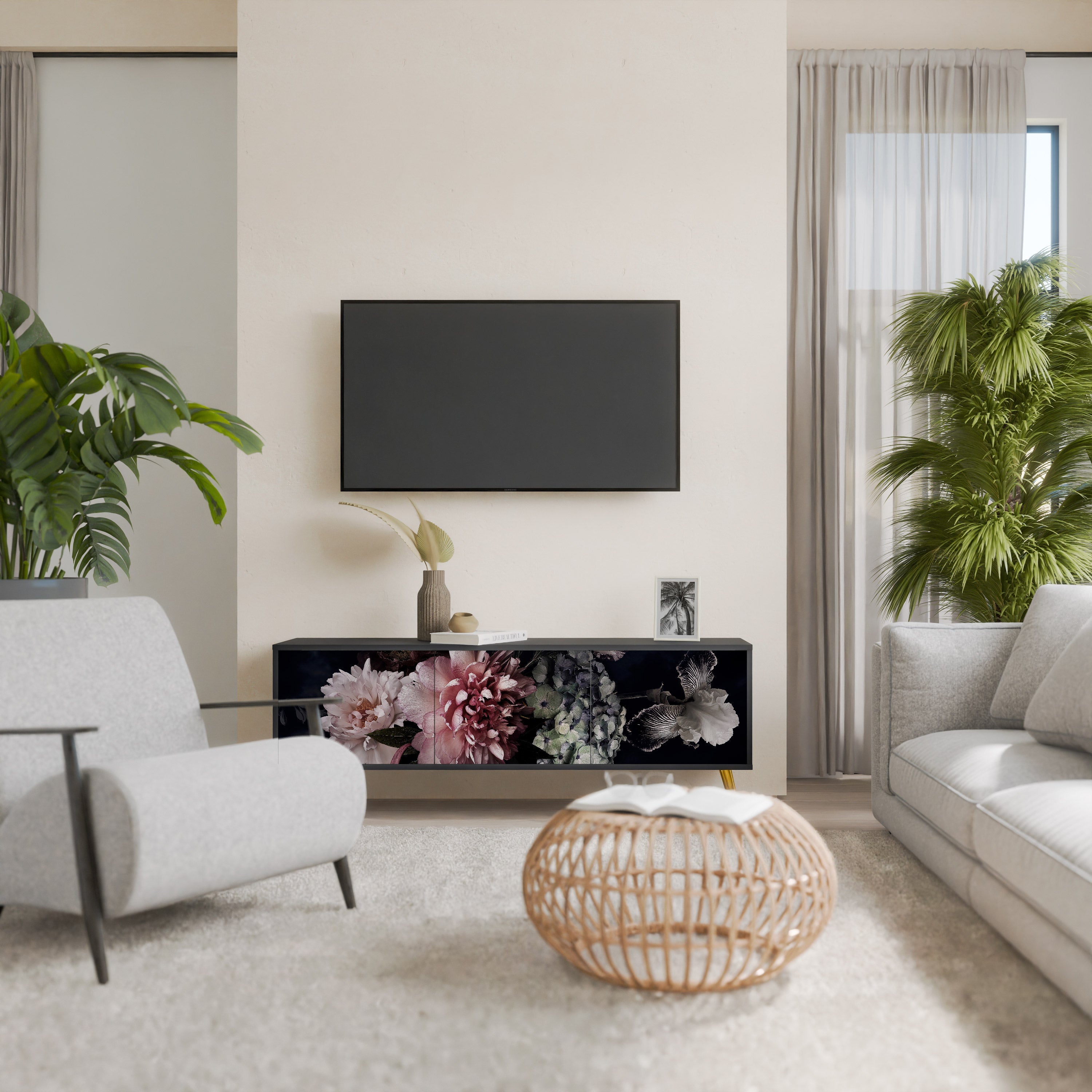 Meuble TV 3 portes PURE BLOSSOM finition noire