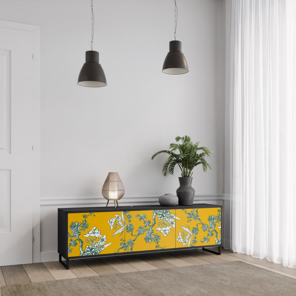 Meuble TV 3 portes YELLOW CHINOISERIE en finition noire