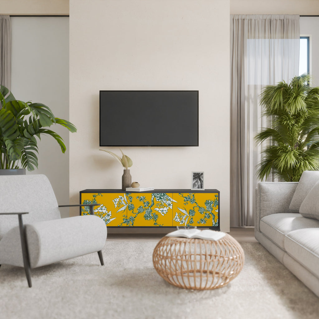 Meuble TV 3 portes YELLOW CHINOISERIE en finition noire