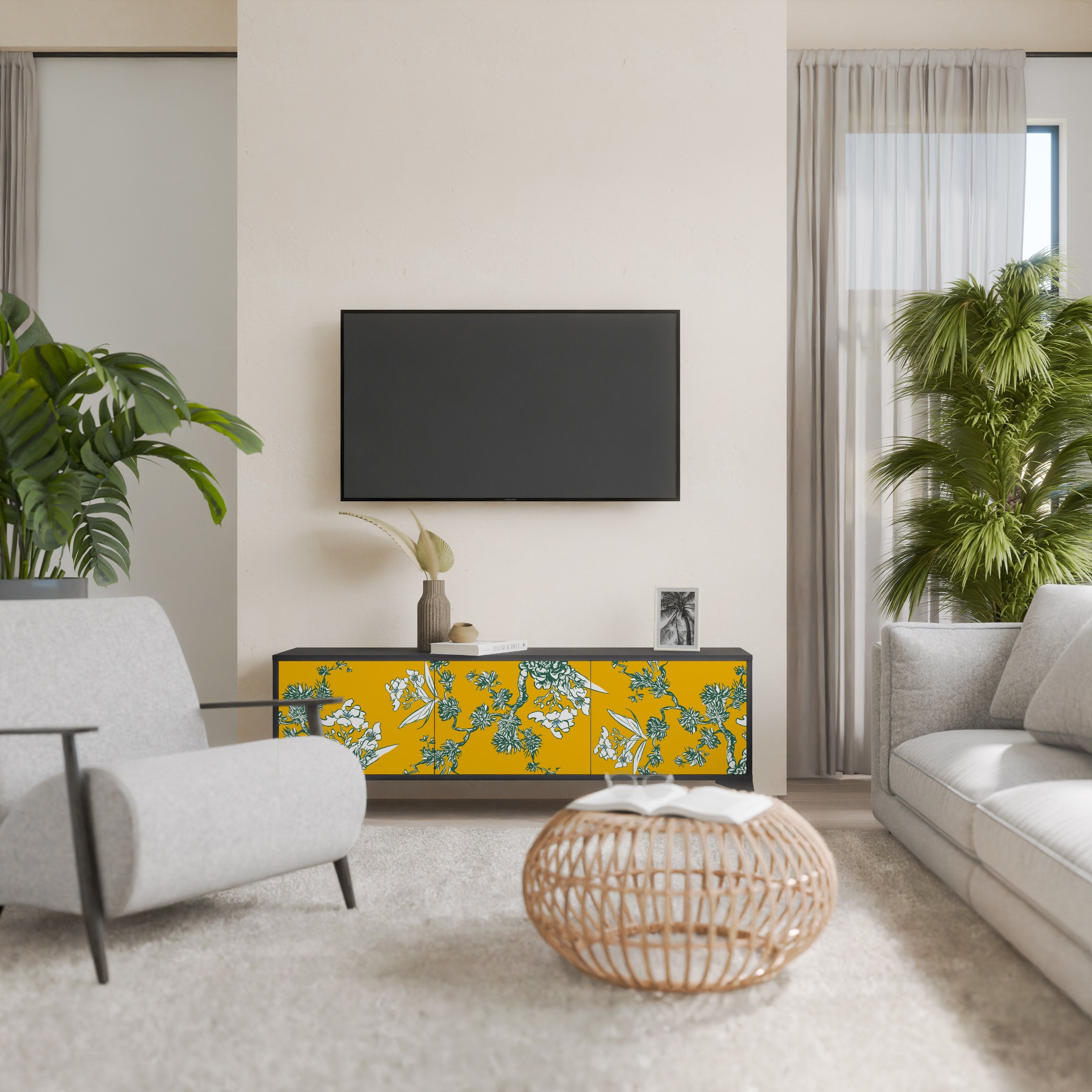 Meuble TV 3 portes YELLOW CHINOISERIE en finition noire