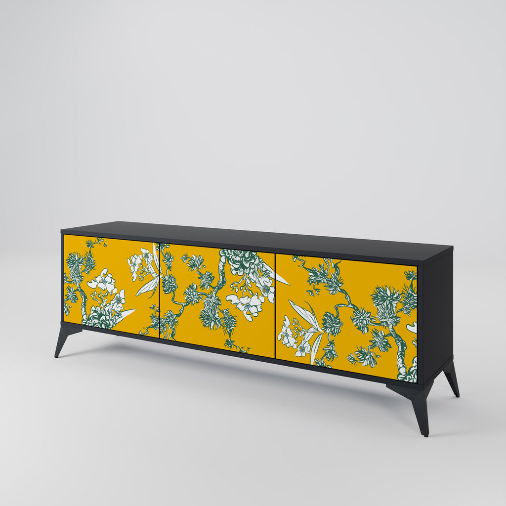 Meuble TV 3 portes YELLOW CHINOISERIE en finition noire