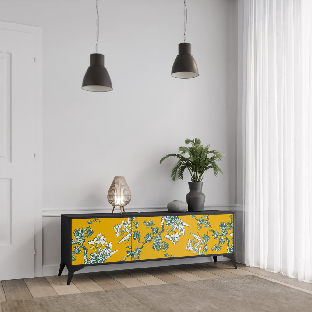 Meuble TV 3 portes YELLOW CHINOISERIE en finition noire