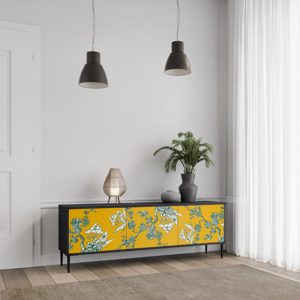 Meuble TV 3 portes YELLOW CHINOISERIE en finition noire