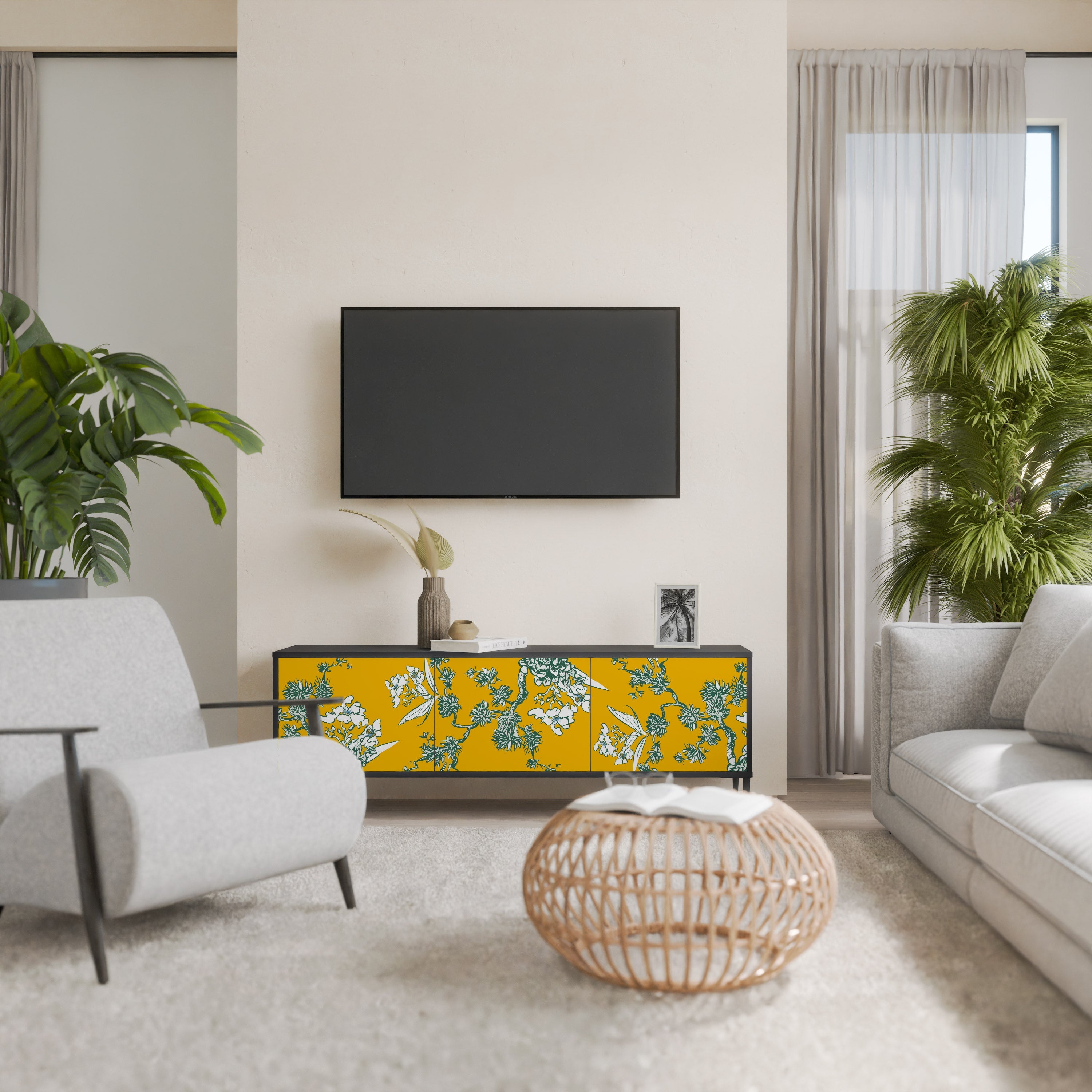 Meuble TV 3 portes YELLOW CHINOISERIE en finition noire