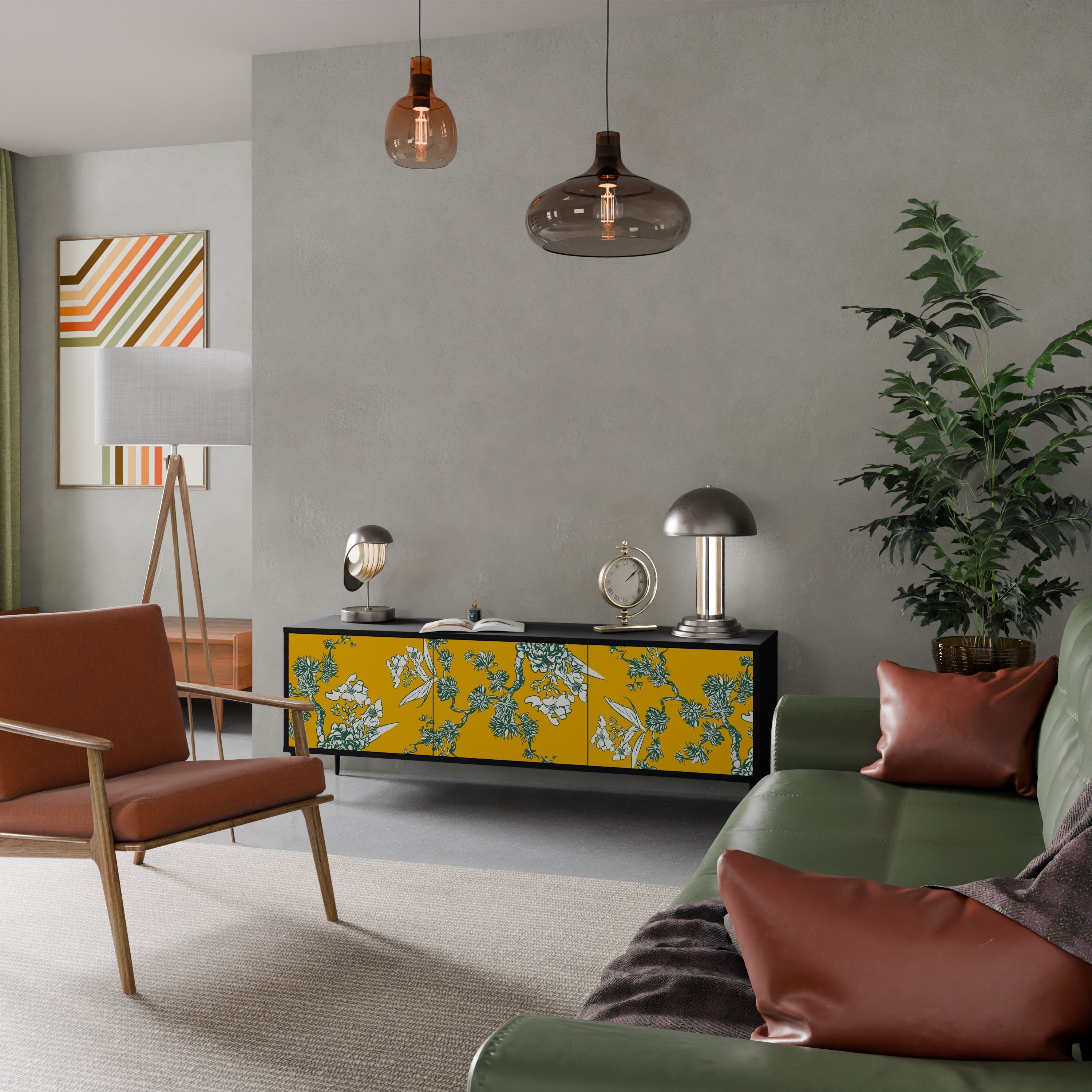 Meuble TV 3 portes YELLOW CHINOISERIE en finition noire