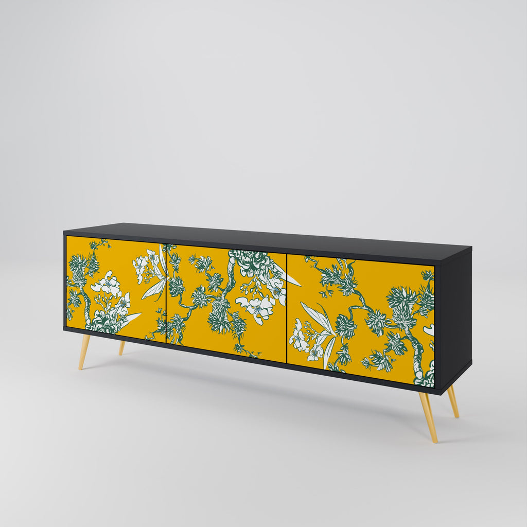 Meuble TV 3 portes YELLOW CHINOISERIE en finition noire