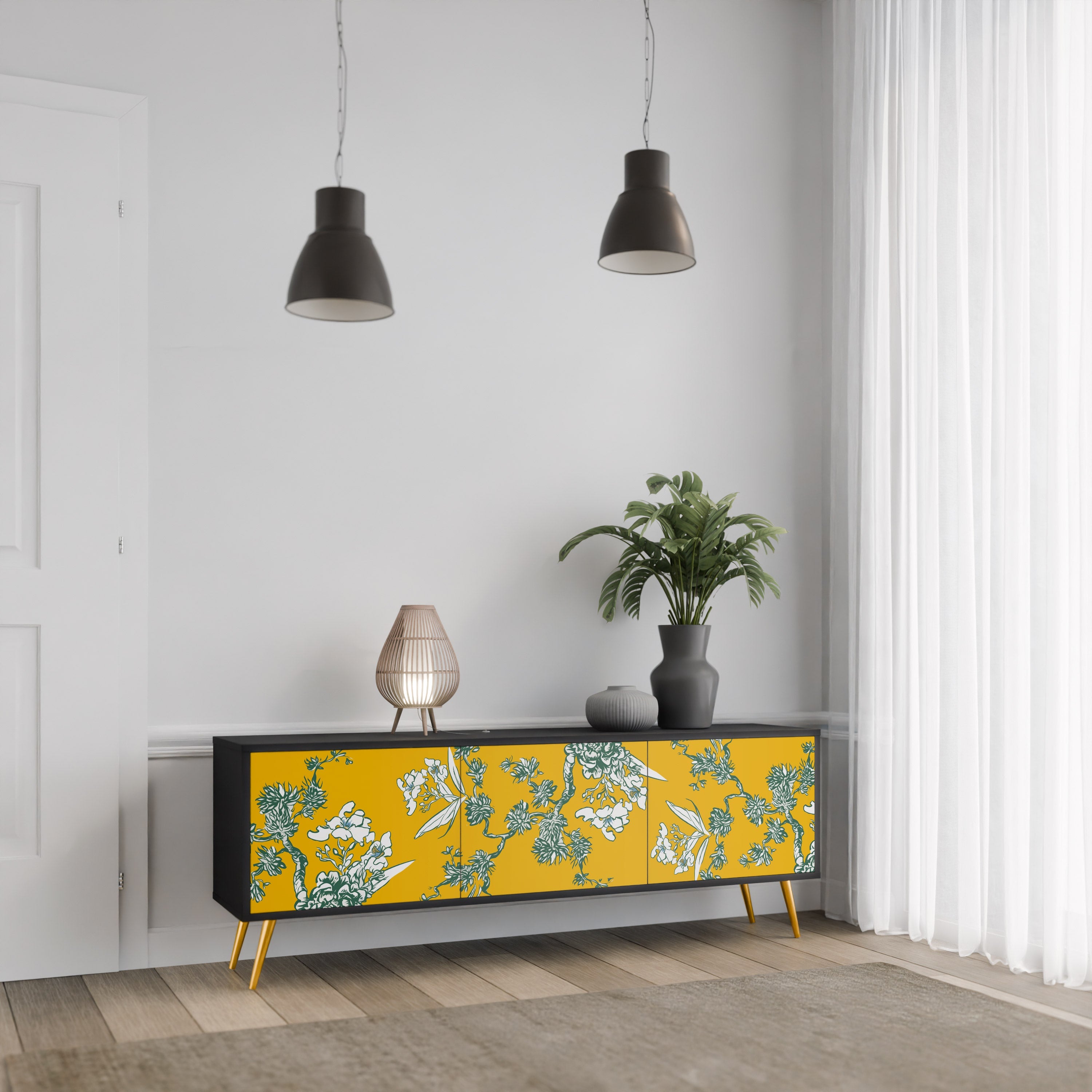 Meuble TV 3 portes YELLOW CHINOISERIE en finition noire