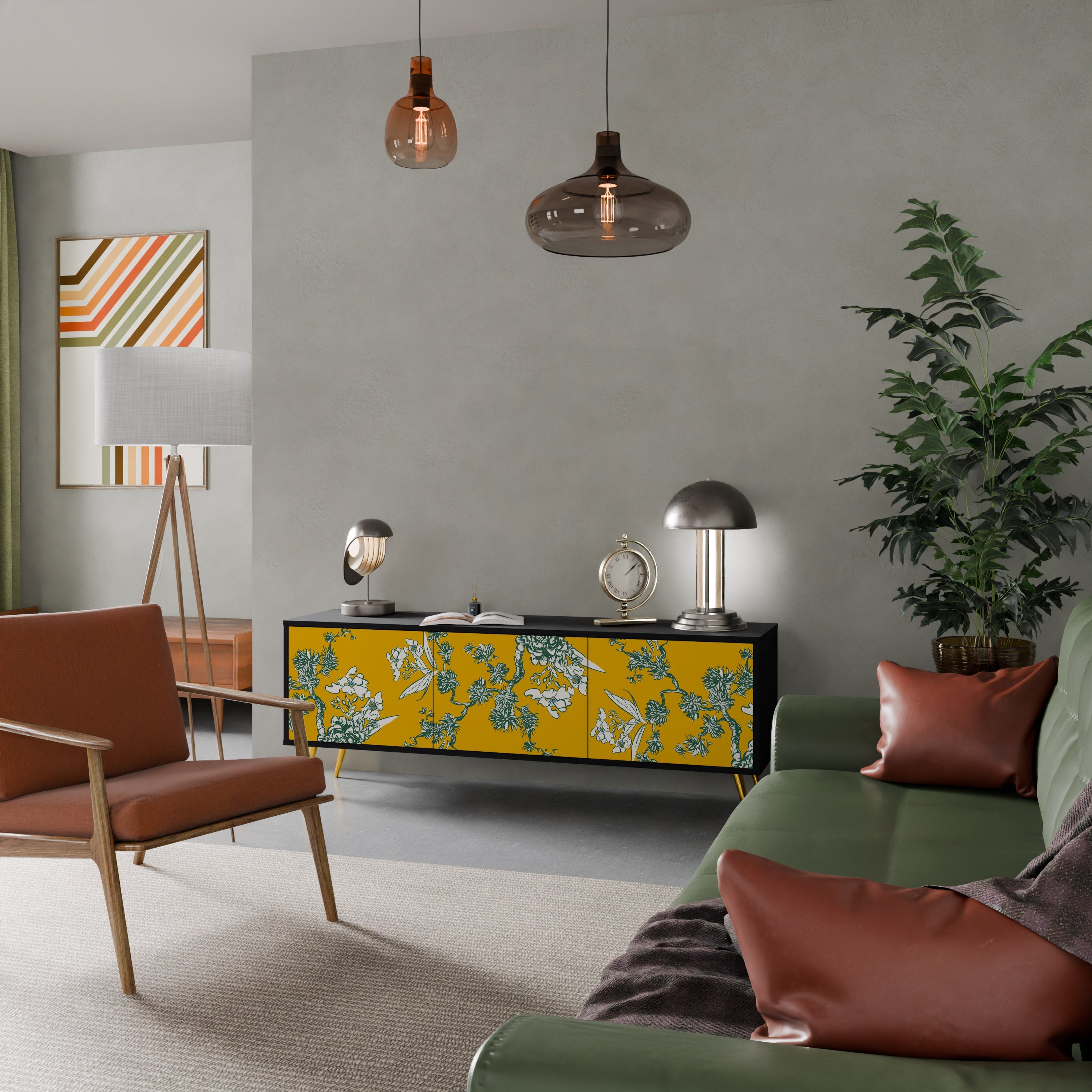 Meuble TV 3 portes YELLOW CHINOISERIE en finition noire