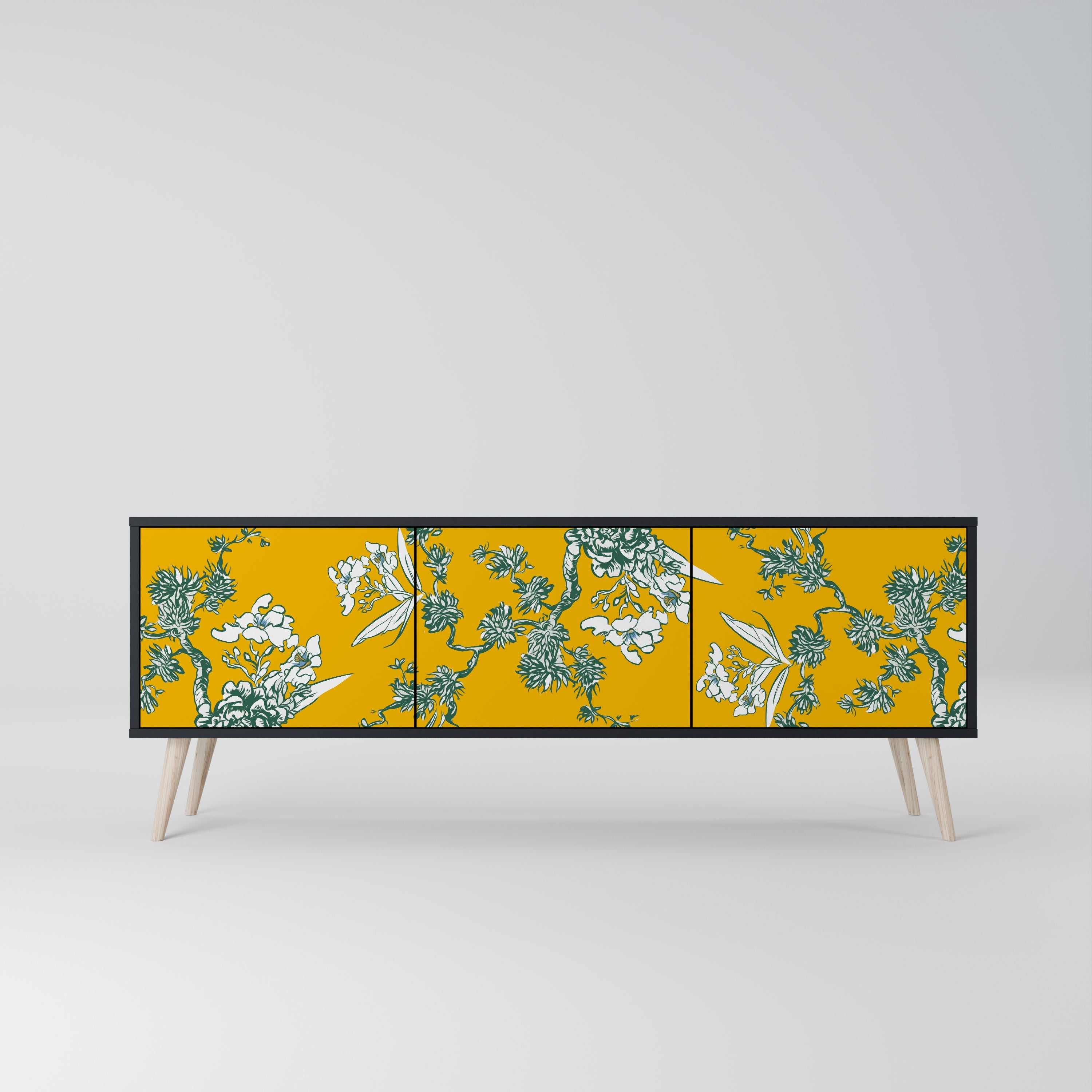 Meuble TV 3 portes YELLOW CHINOISERIE en finition noire