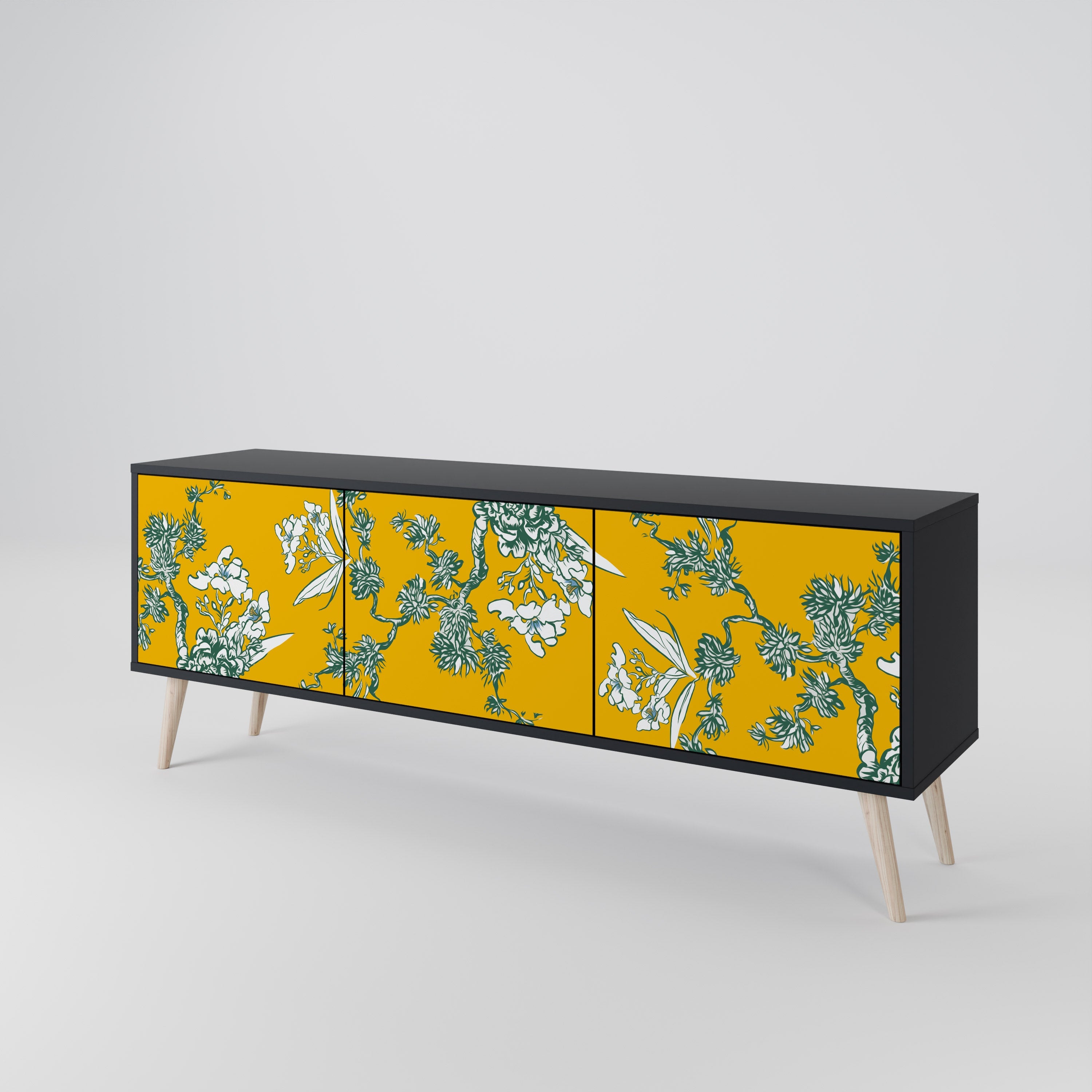 Meuble TV 3 portes YELLOW CHINOISERIE en finition noire