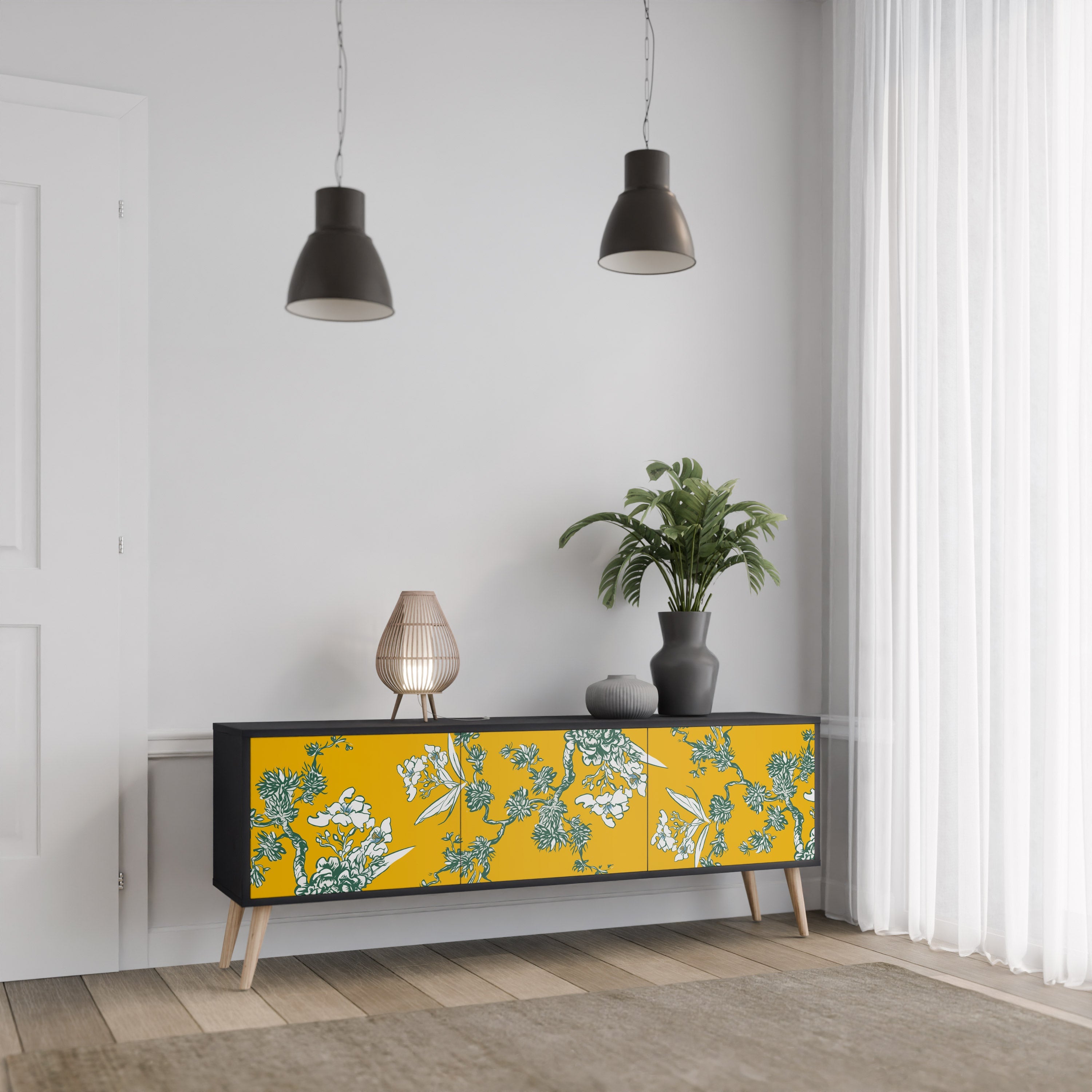Meuble TV 3 portes YELLOW CHINOISERIE en finition noire