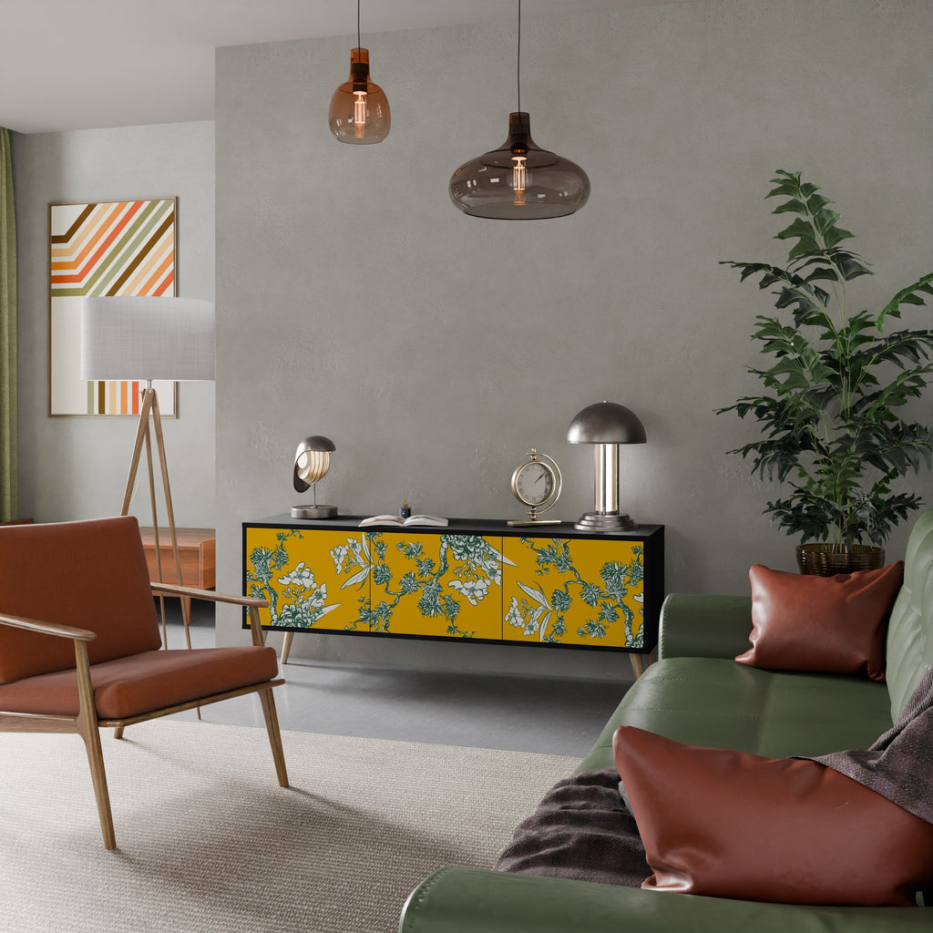 Meuble TV 3 portes YELLOW CHINOISERIE en finition noire