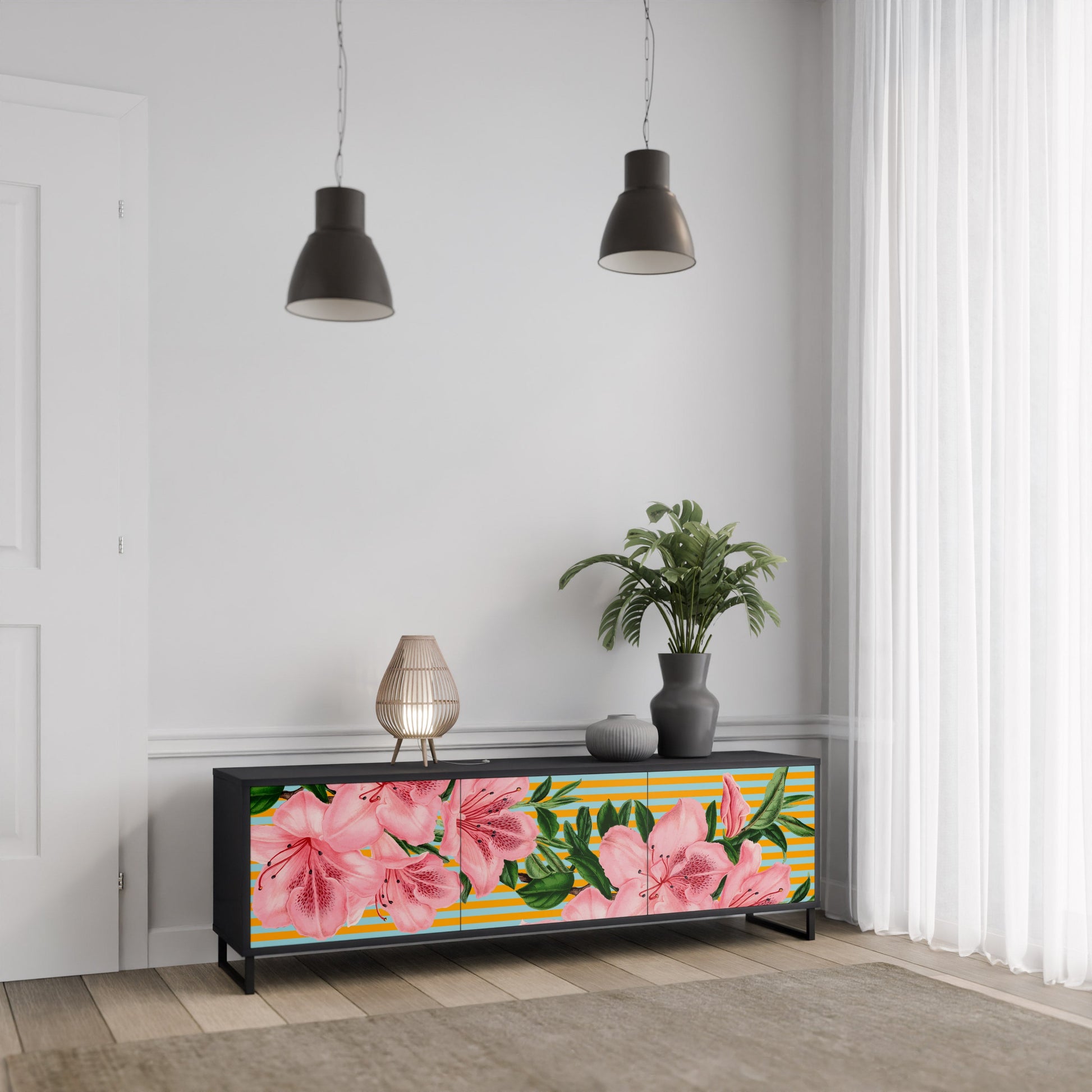 Meuble TV 3 portes FRAGILE BEAUTY, finition noire