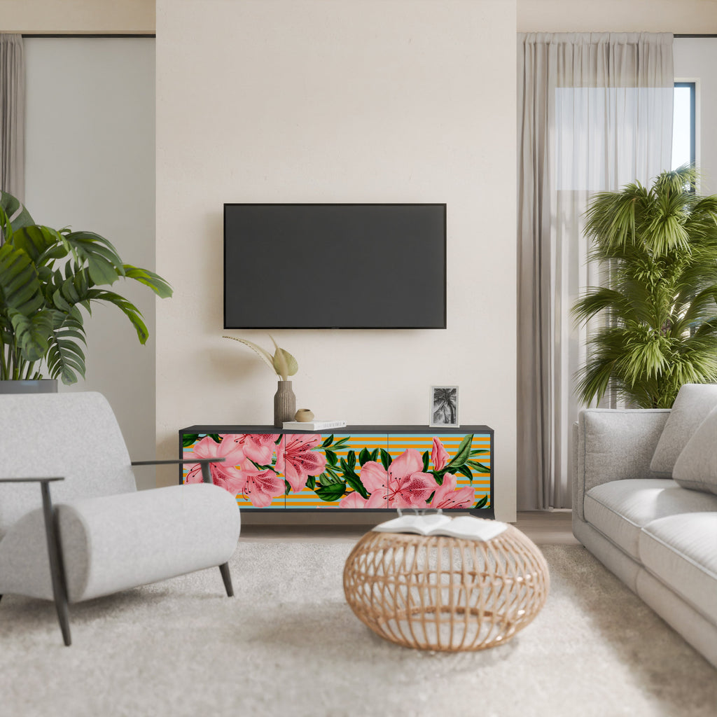 Meuble TV 3 portes FRAGILE BEAUTY, finition noire
