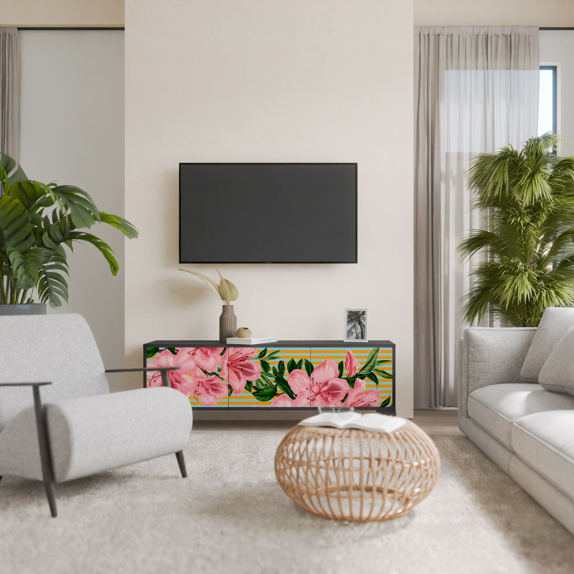 Meuble TV 3 portes FRAGILE BEAUTY, finition noire