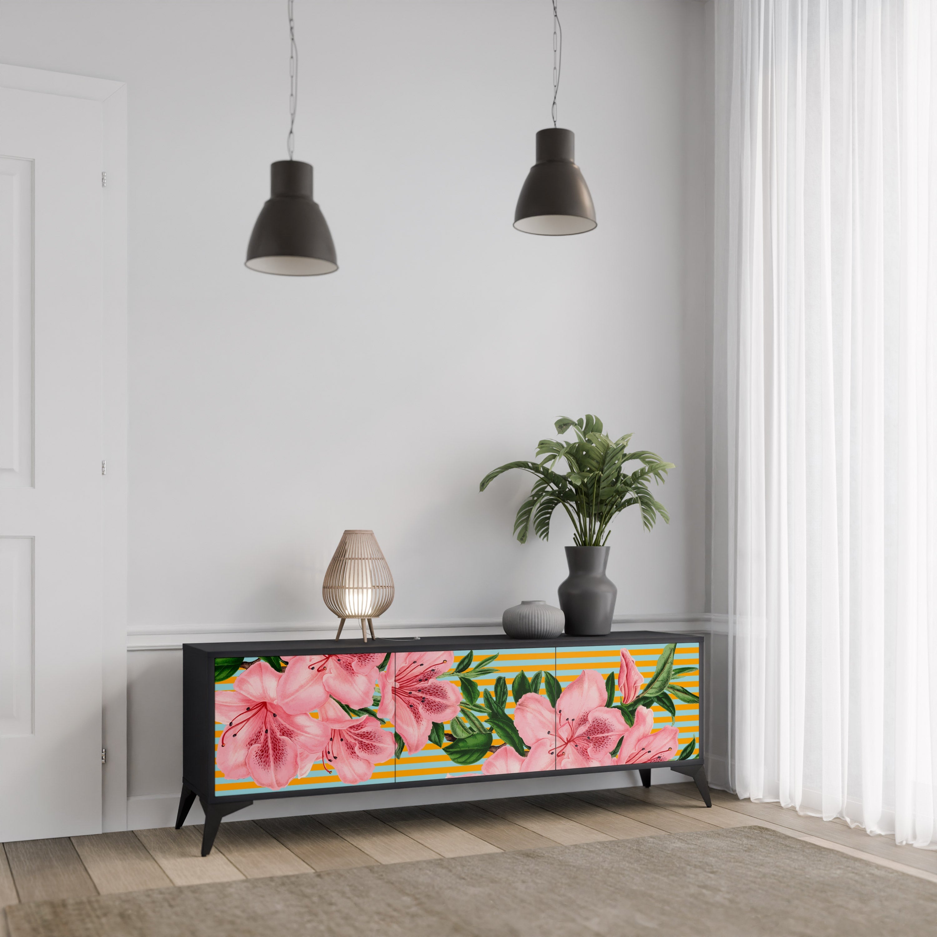 Meuble TV 3 portes FRAGILE BEAUTY, finition noire