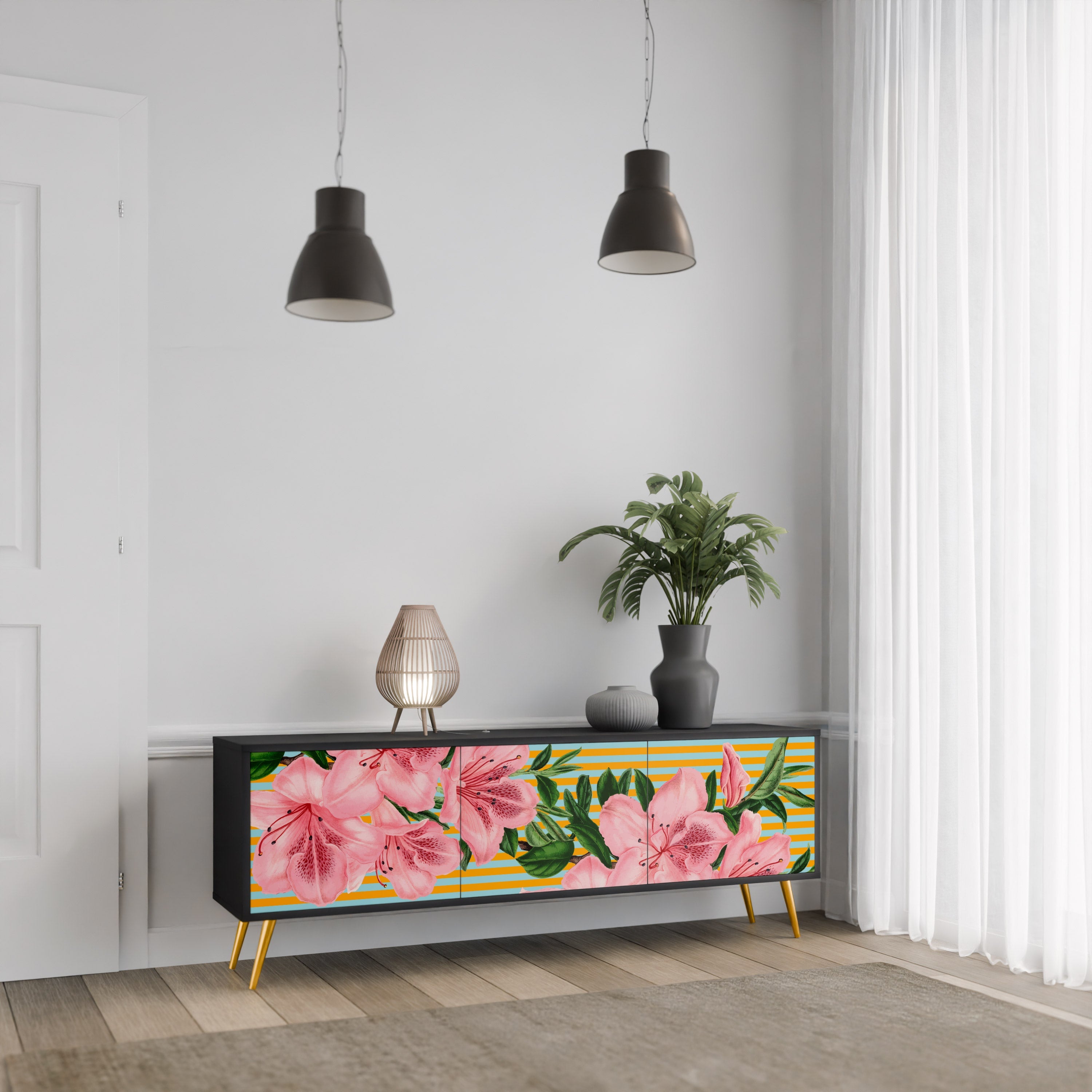 Meuble TV 3 portes FRAGILE BEAUTY, finition noire