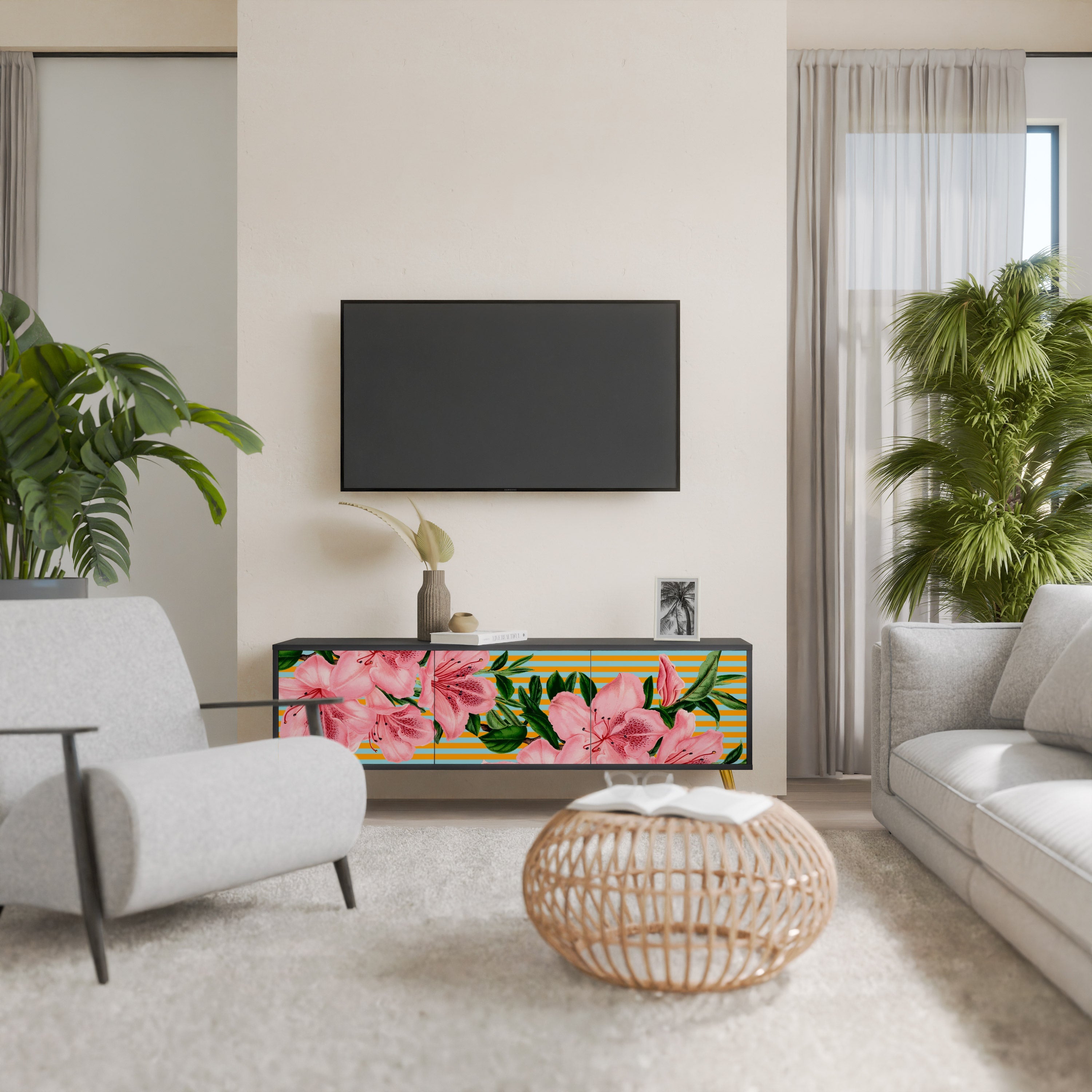 Meuble TV 3 portes FRAGILE BEAUTY, finition noire