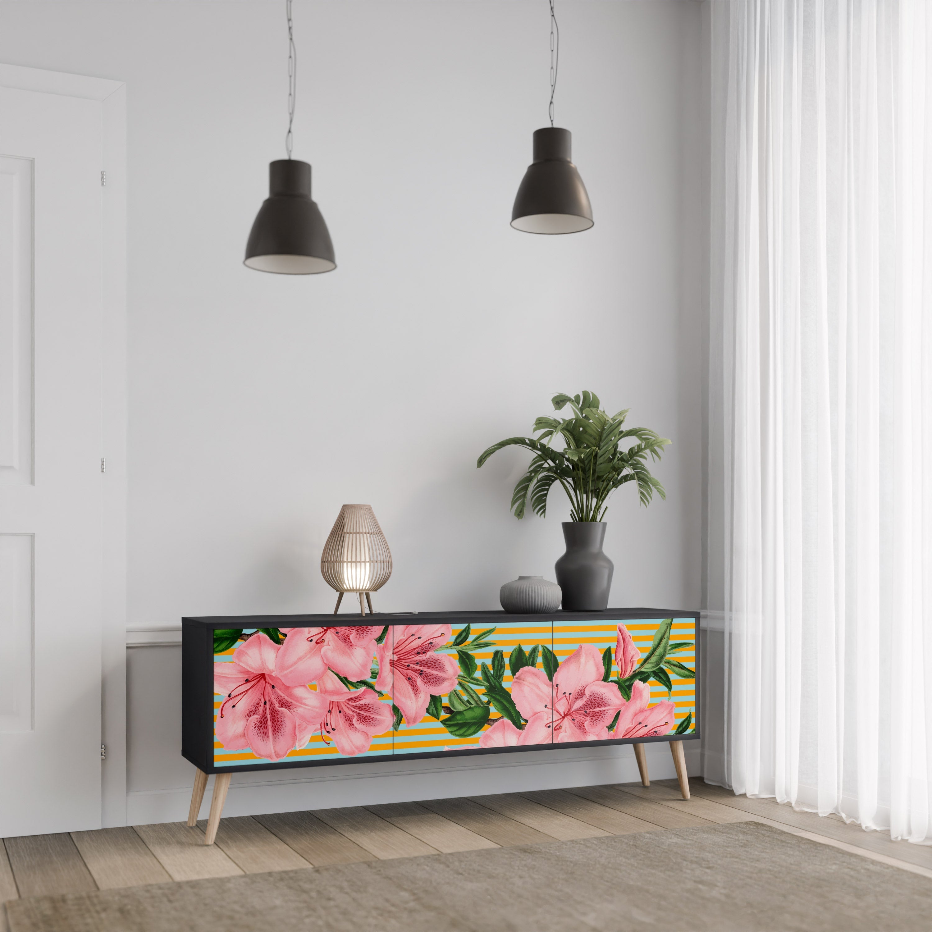 Meuble TV 3 portes FRAGILE BEAUTY, finition noire