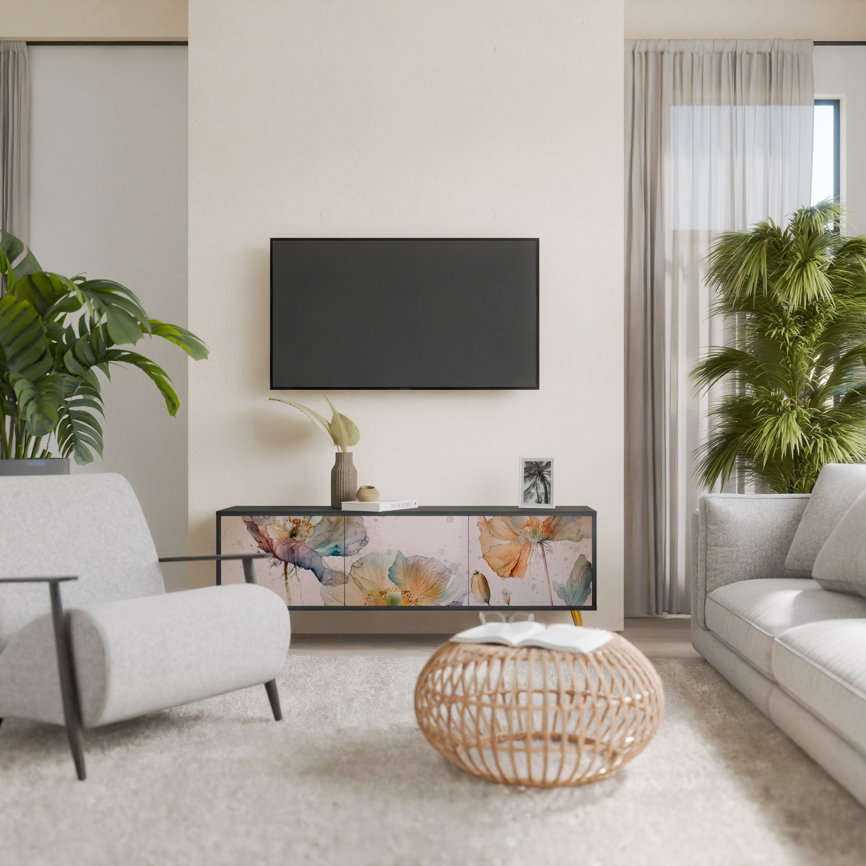 Meuble TV 3 portes SOFTEN POPPY finition noire