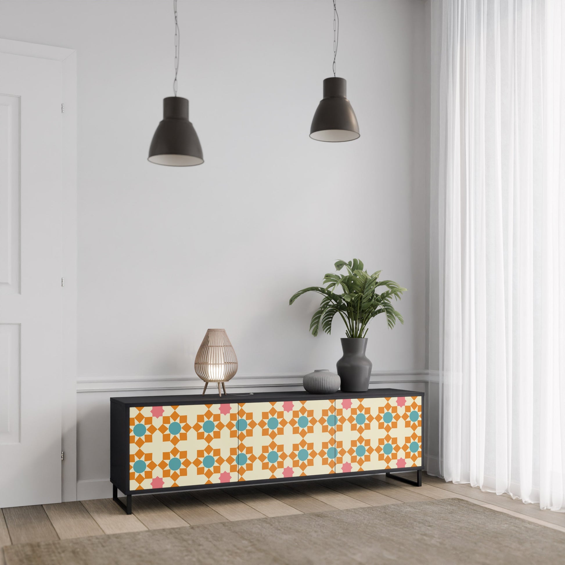 Meuble TV 3 portes FLORAL DECOR en finition noire