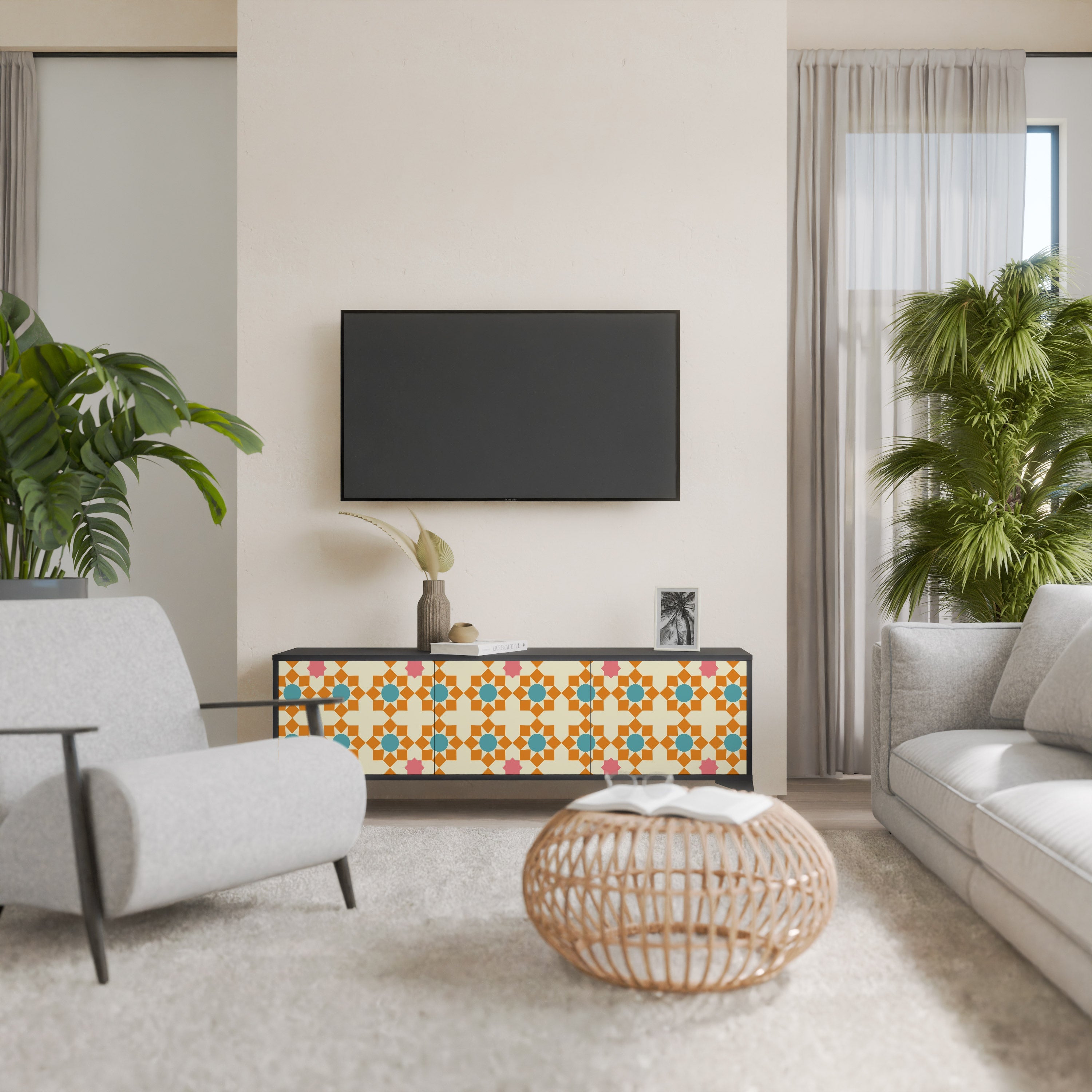 Meuble TV 3 portes FLORAL DECOR en finition noire