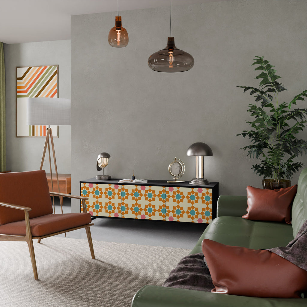 Meuble TV 3 portes FLORAL DECOR en finition noire