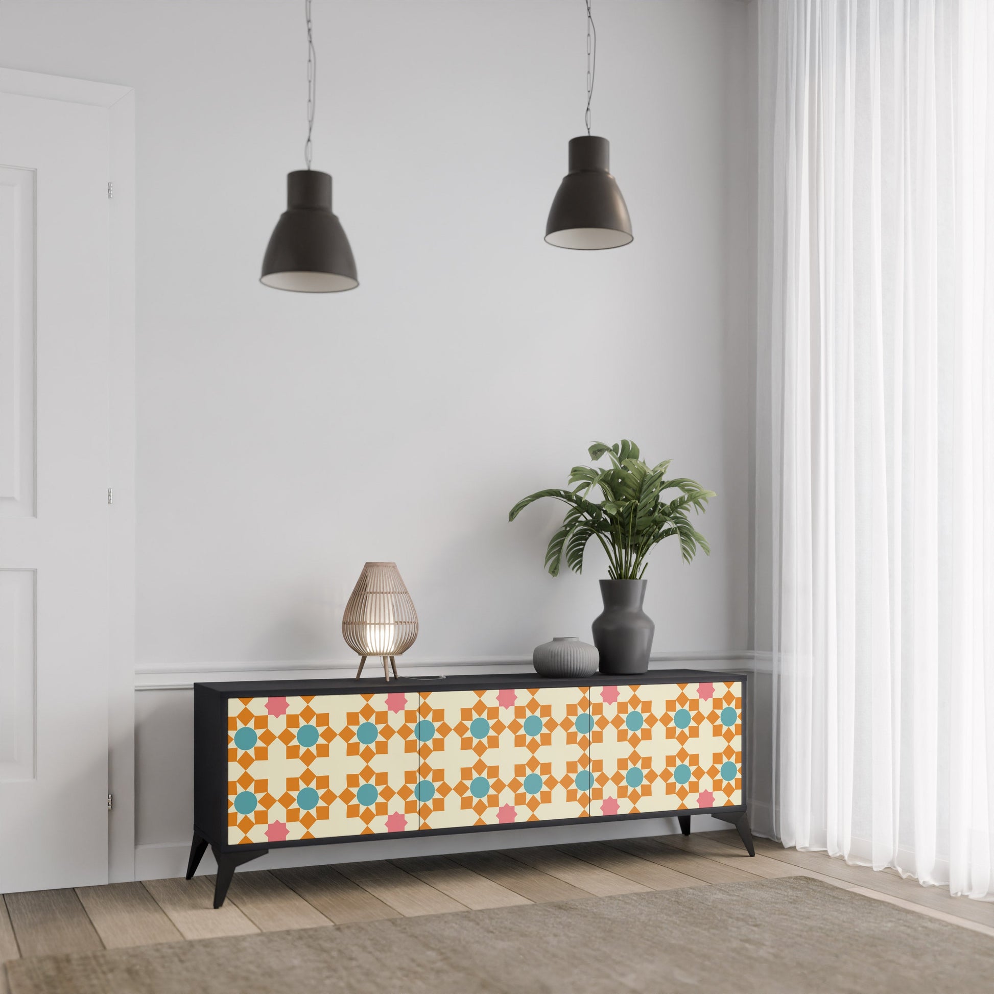 Meuble TV 3 portes FLORAL DECOR en finition noire