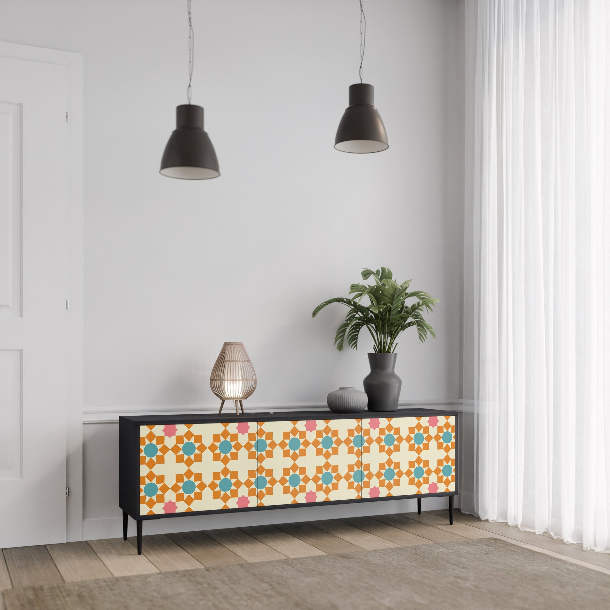 Meuble TV 3 portes FLORAL DECOR en finition noire