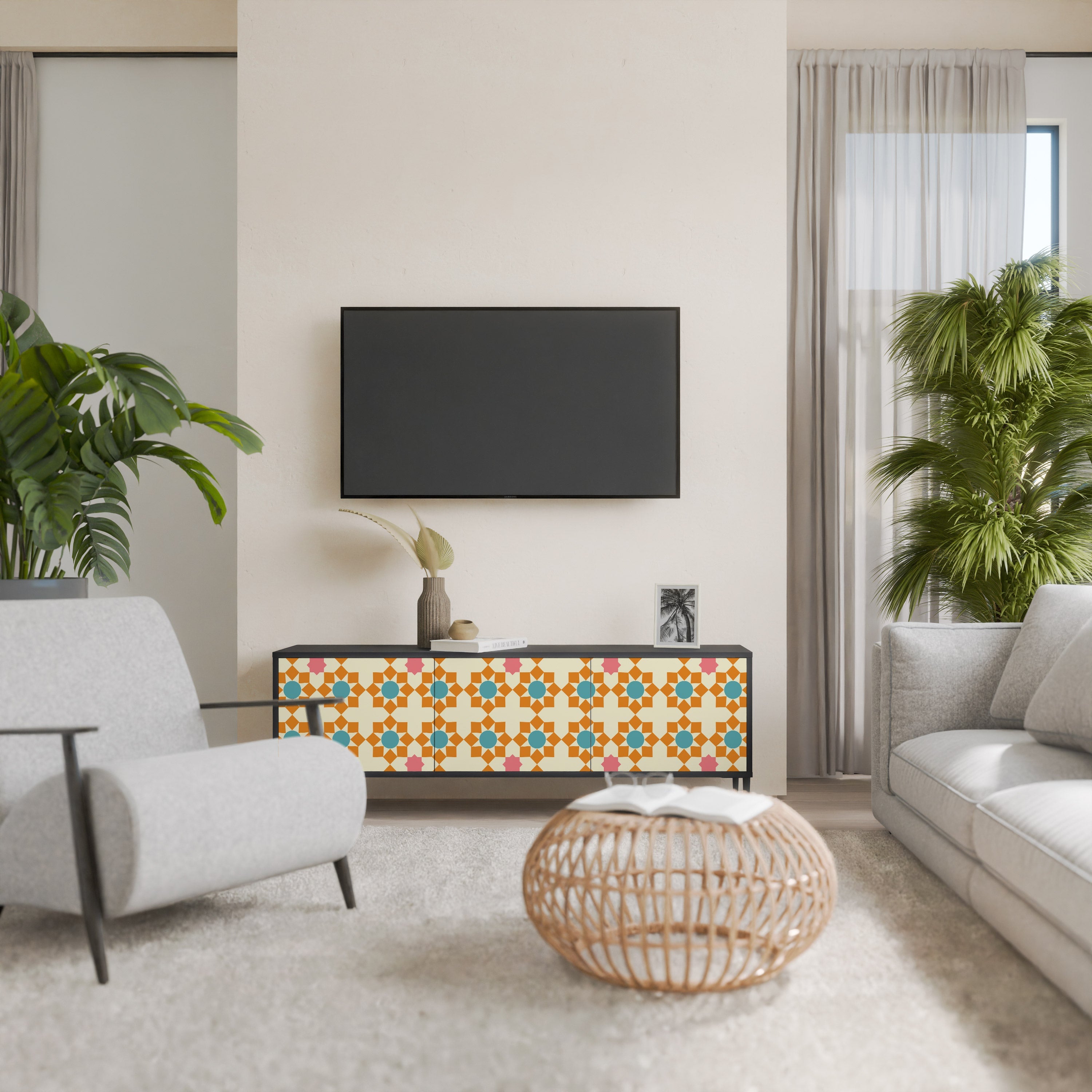 Meuble TV 3 portes FLORAL DECOR en finition noire