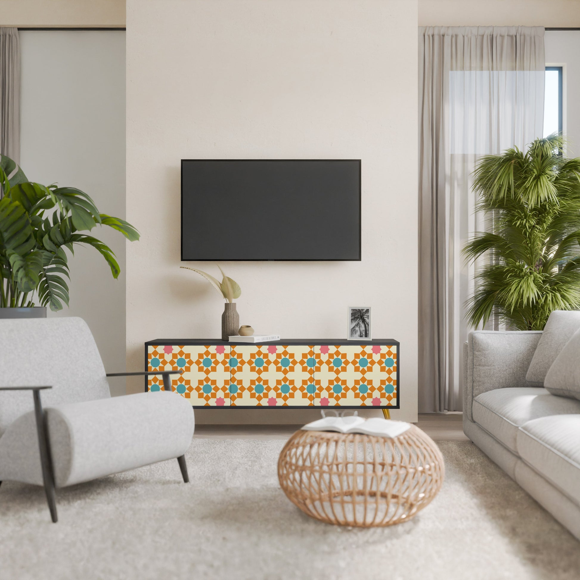 Meuble TV 3 portes FLORAL DECOR en finition noire