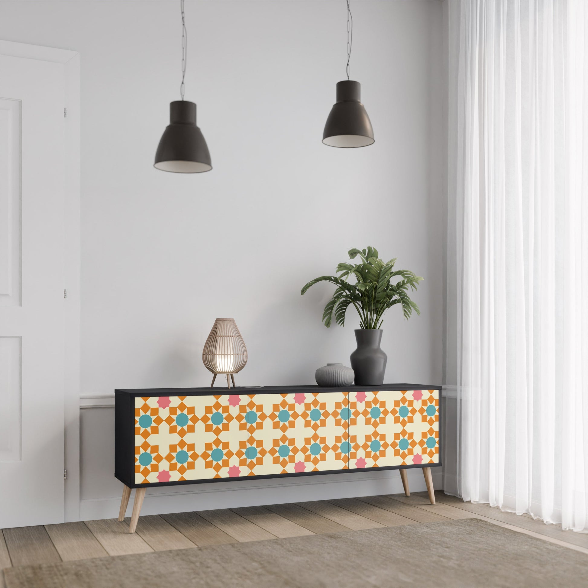Meuble TV 3 portes FLORAL DECOR en finition noire