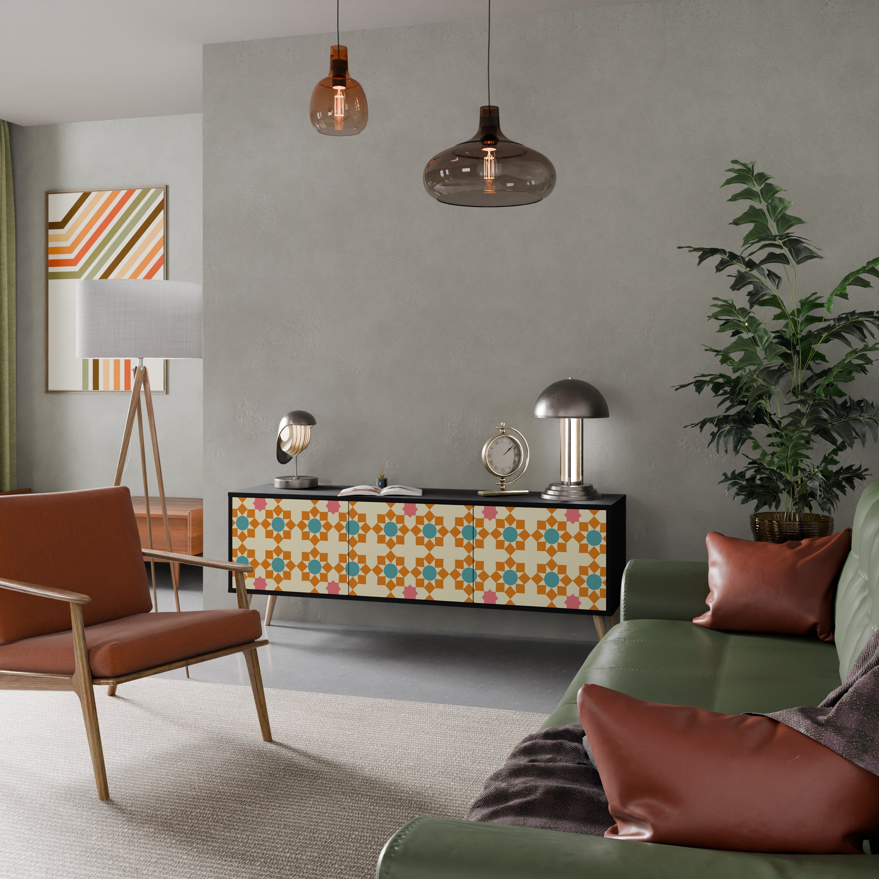 Meuble TV 3 portes FLORAL DECOR en finition noire