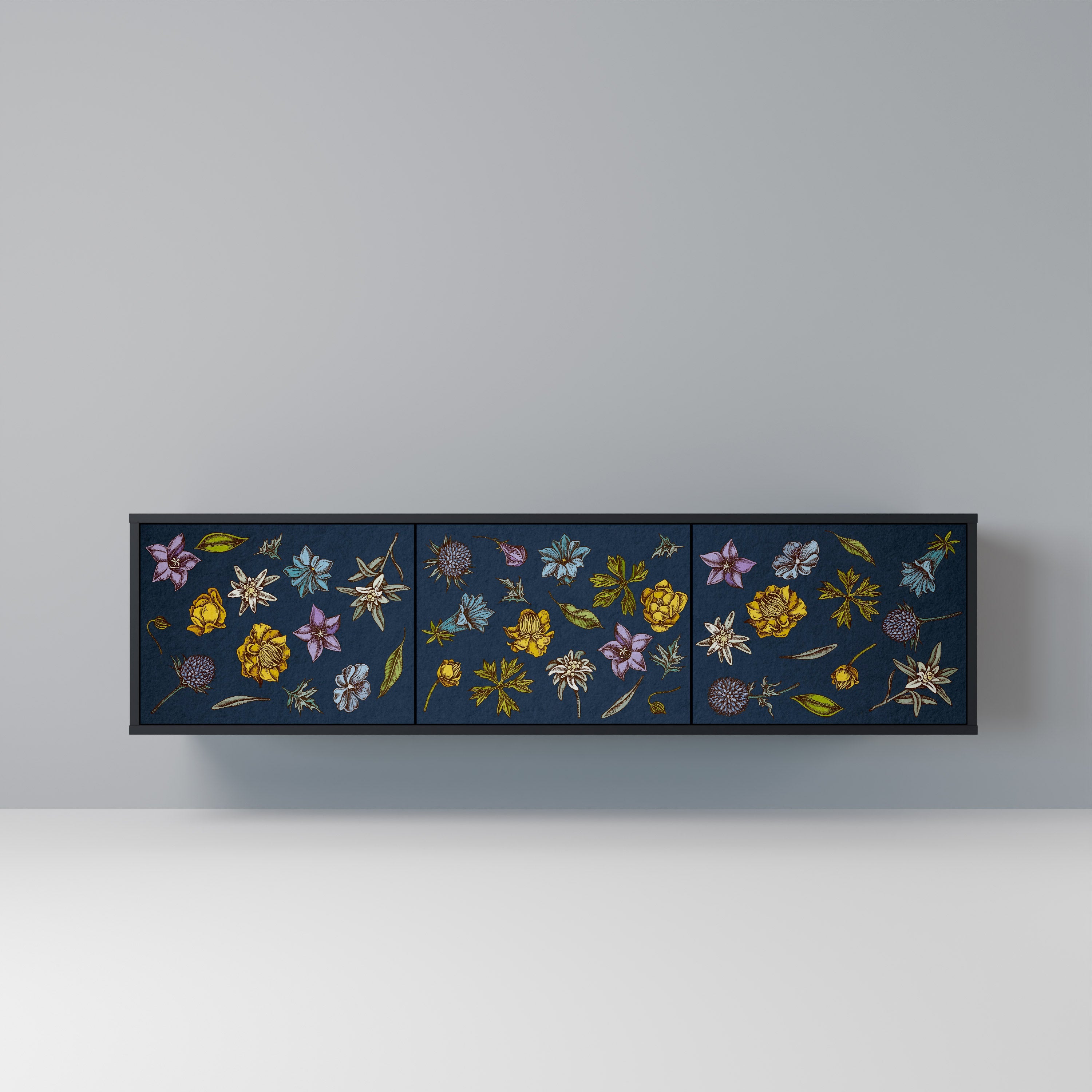 Meuble TV 3 portes FLOWERS ON NAVY BLUE, finition noire