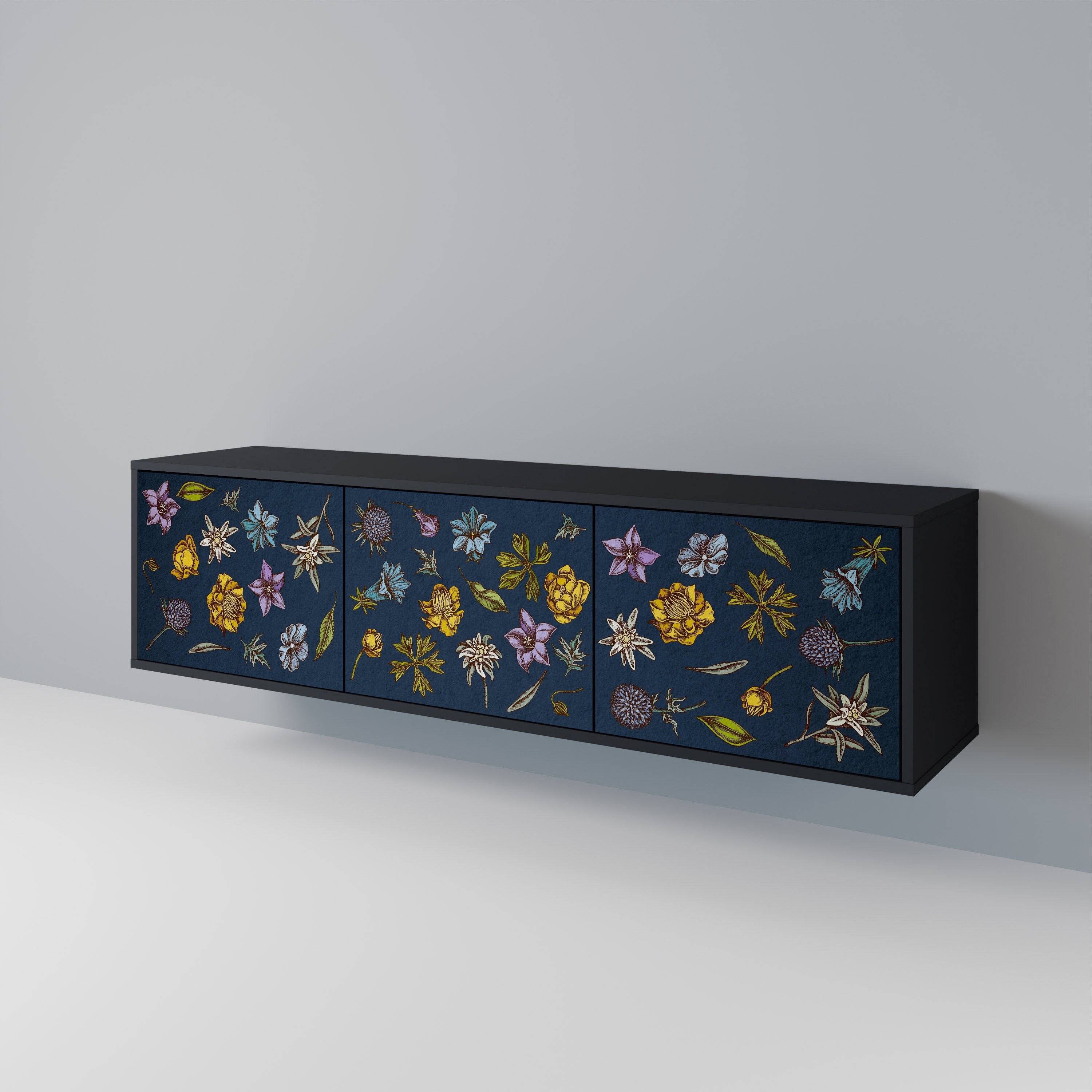 Meuble TV 3 portes FLOWERS ON NAVY BLUE, finition noire
