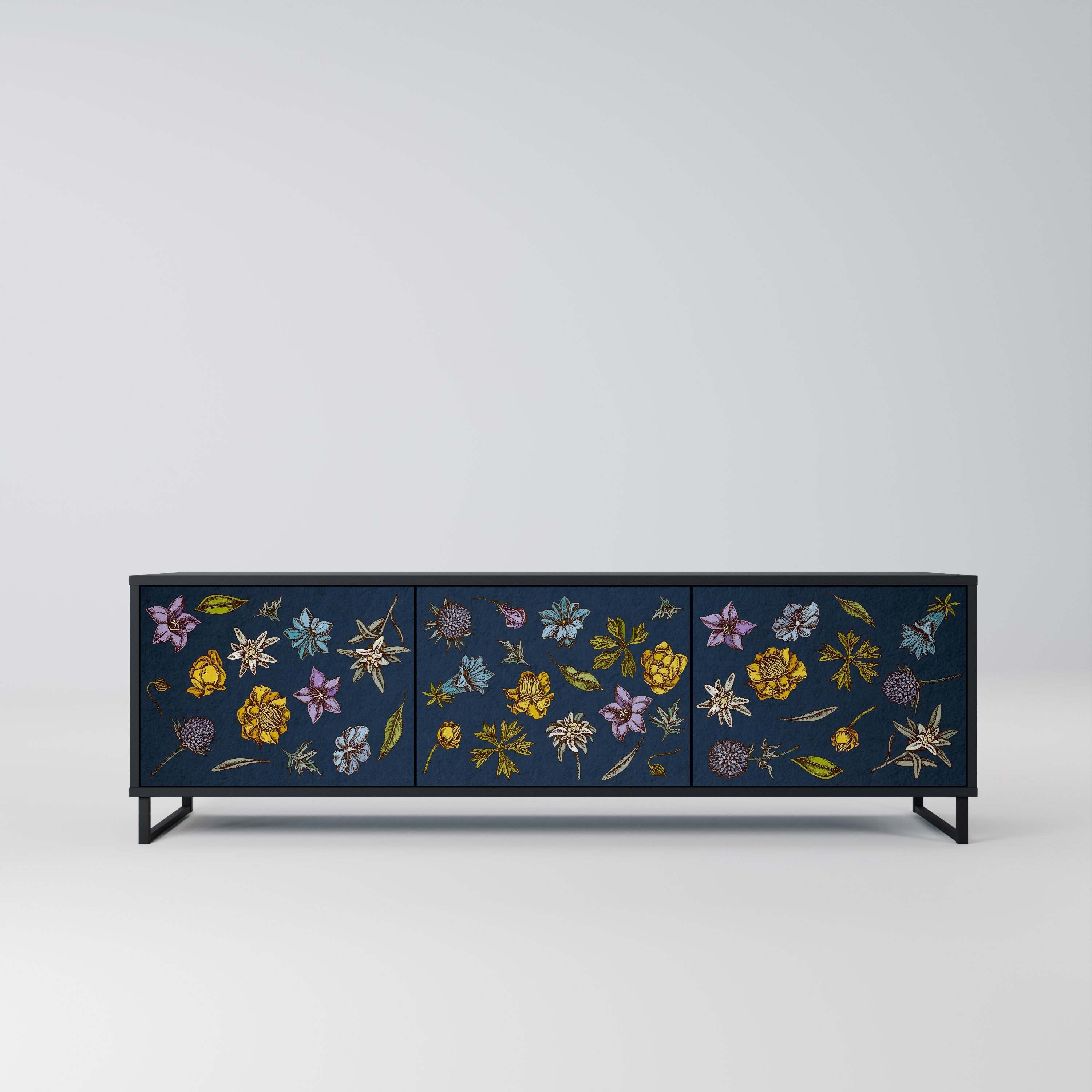 Meuble TV 3 portes FLOWERS ON NAVY BLUE, finition noire