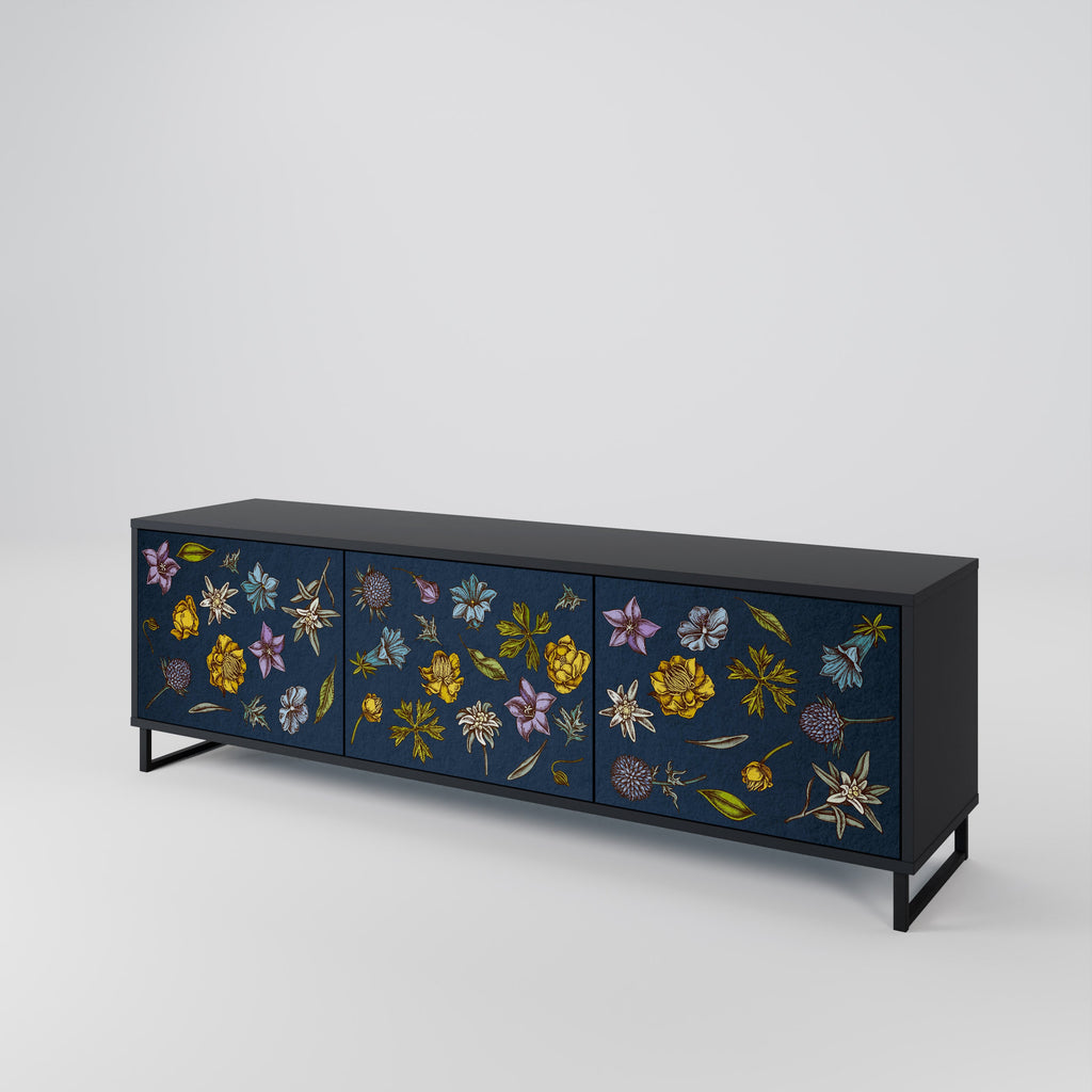Meuble TV 3 portes FLOWERS ON NAVY BLUE, finition noire