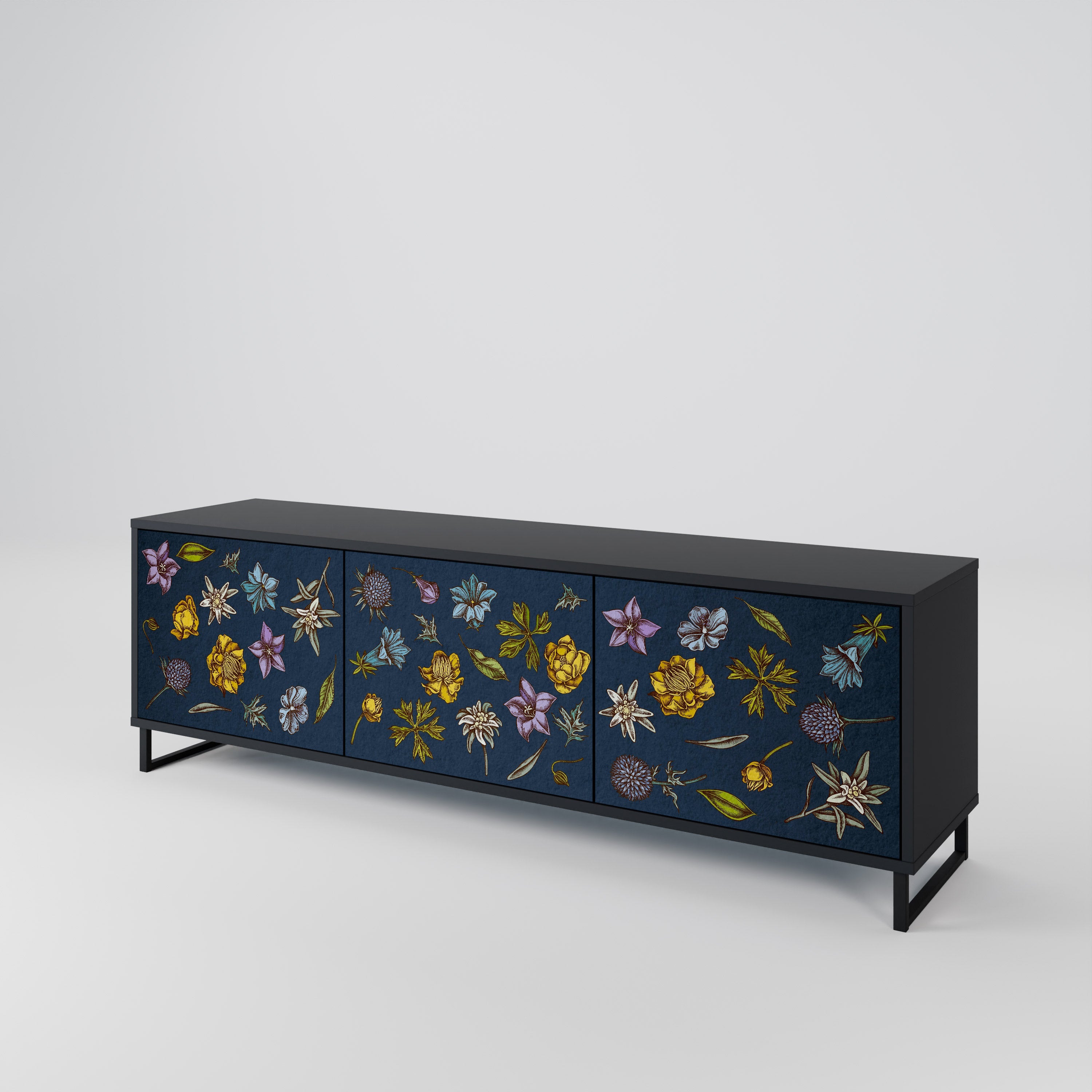 Meuble TV 3 portes FLOWERS ON NAVY BLUE, finition noire