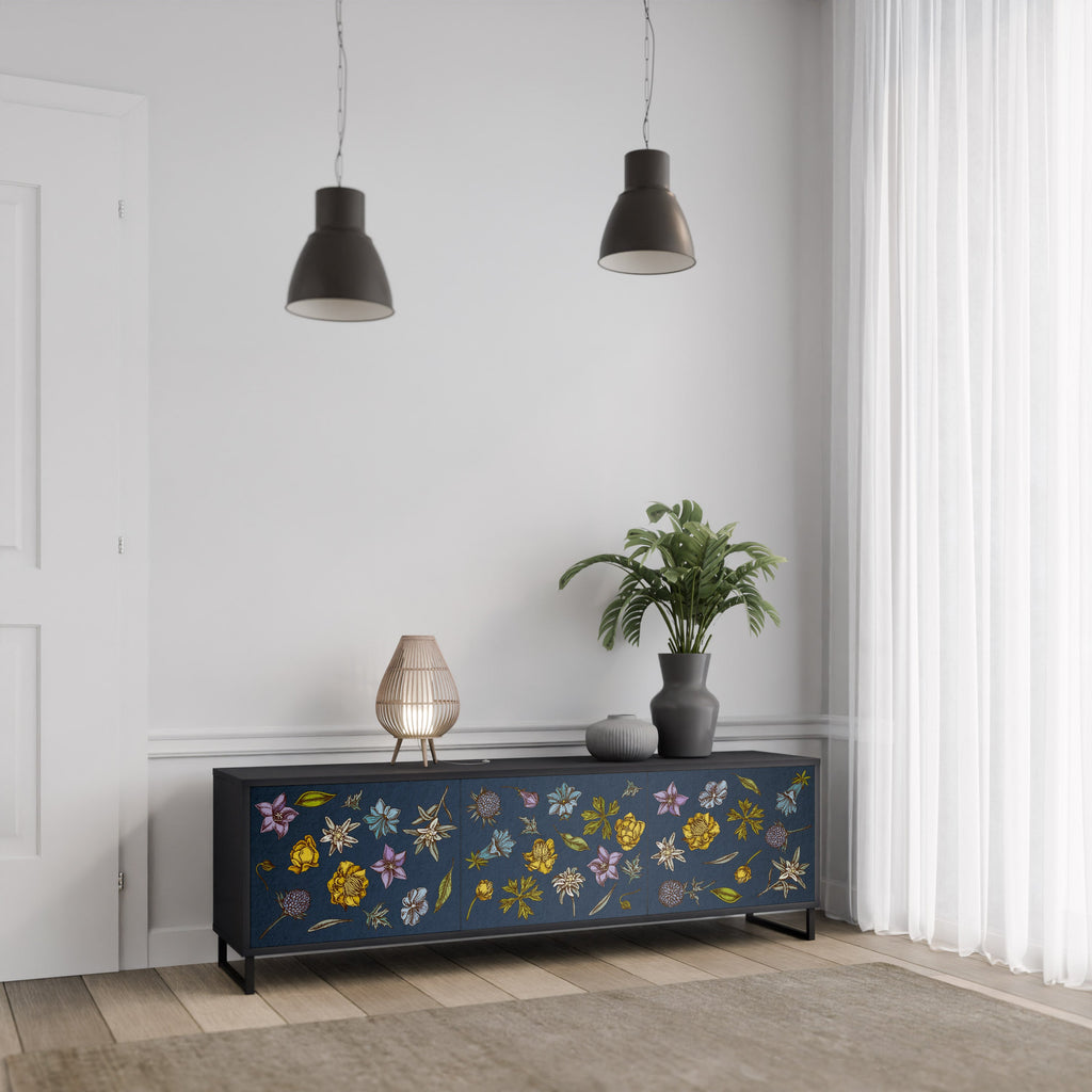 Meuble TV 3 portes FLOWERS ON NAVY BLUE, finition noire