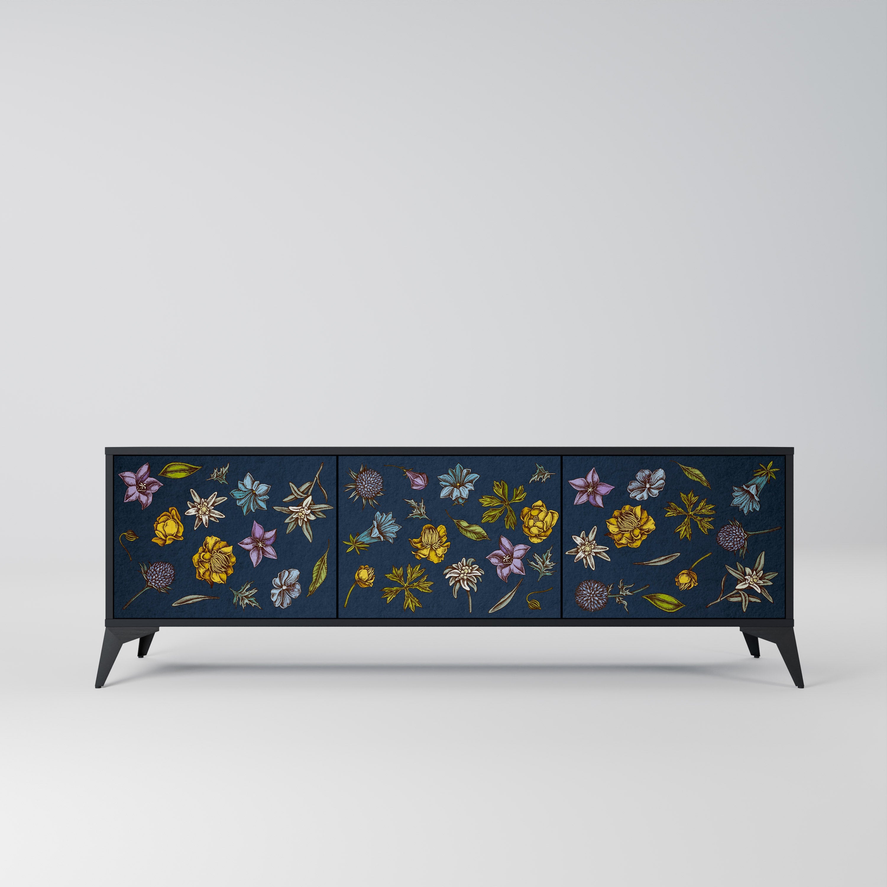 Meuble TV 3 portes FLOWERS ON NAVY BLUE, finition noire