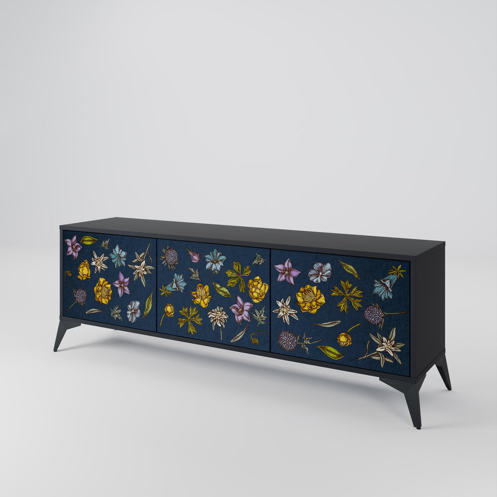 Meuble TV 3 portes FLOWERS ON NAVY BLUE, finition noire