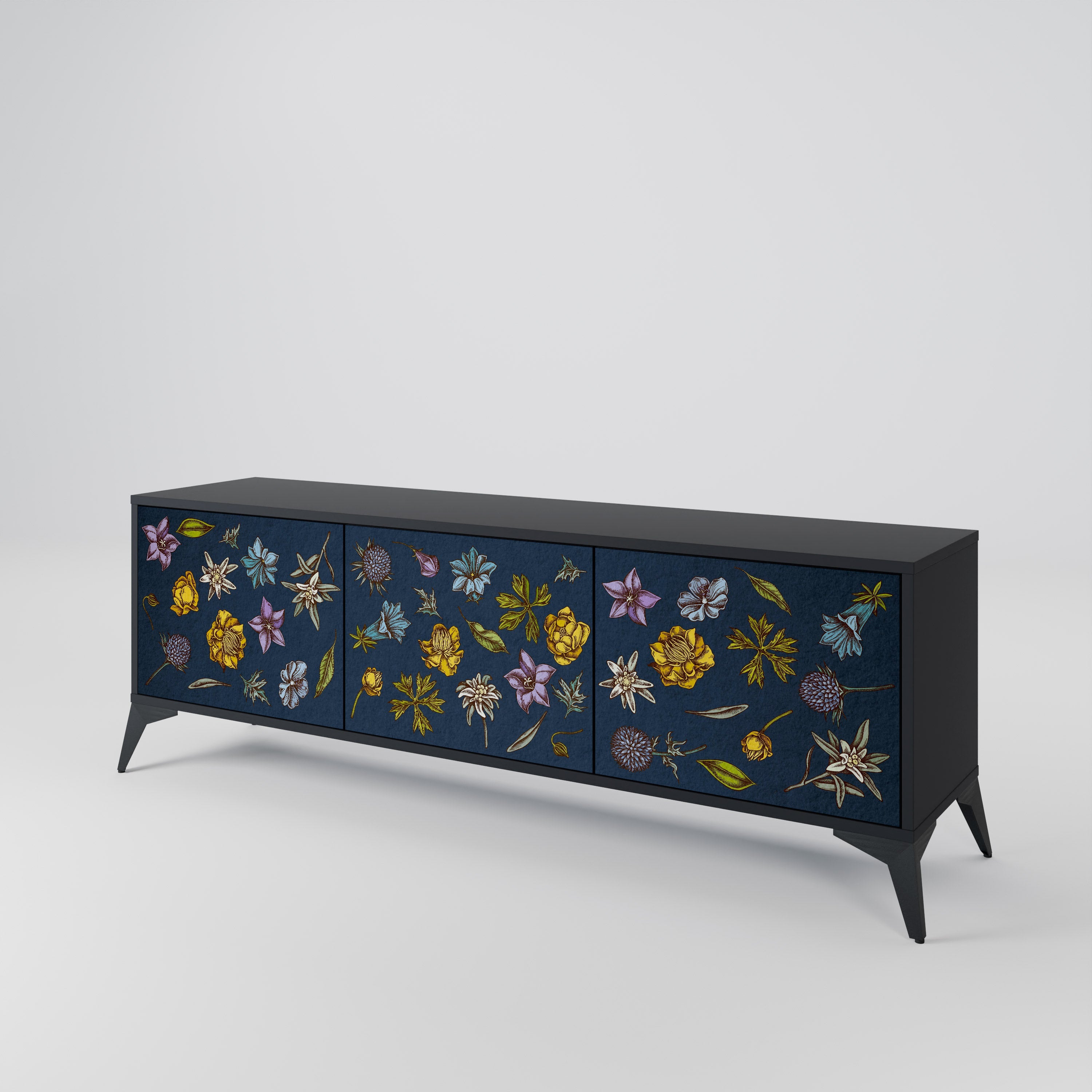 Meuble TV 3 portes FLOWERS ON NAVY BLUE, finition noire
