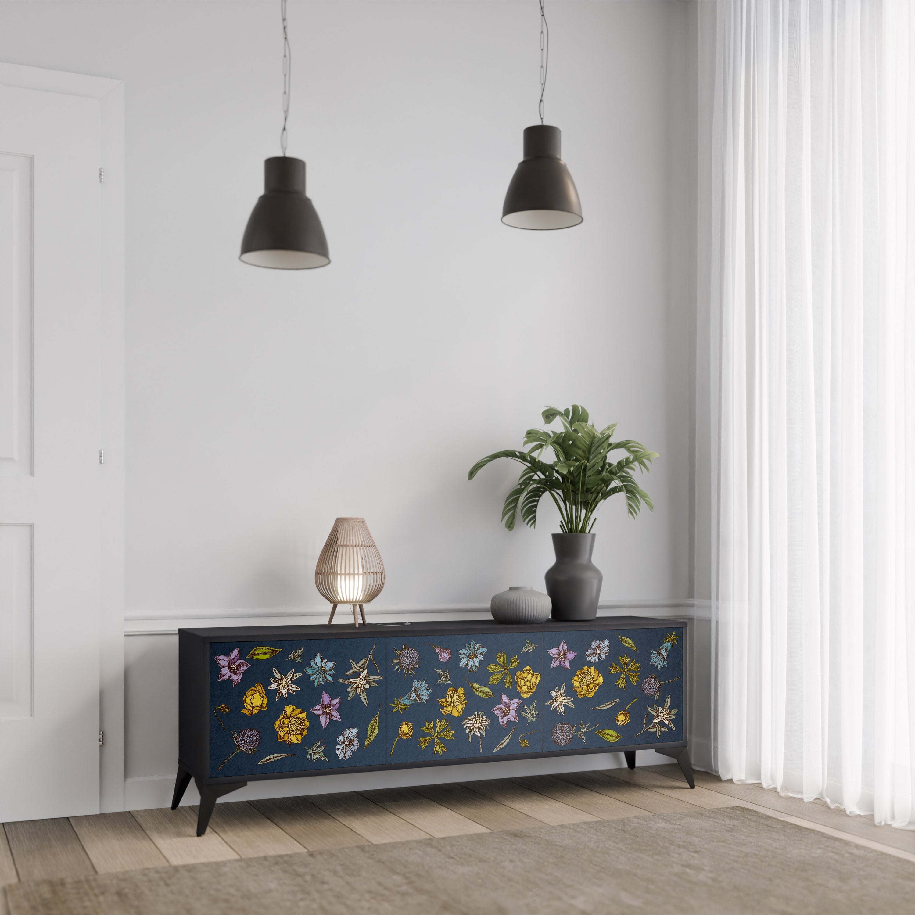 Meuble TV 3 portes FLOWERS ON NAVY BLUE, finition noire